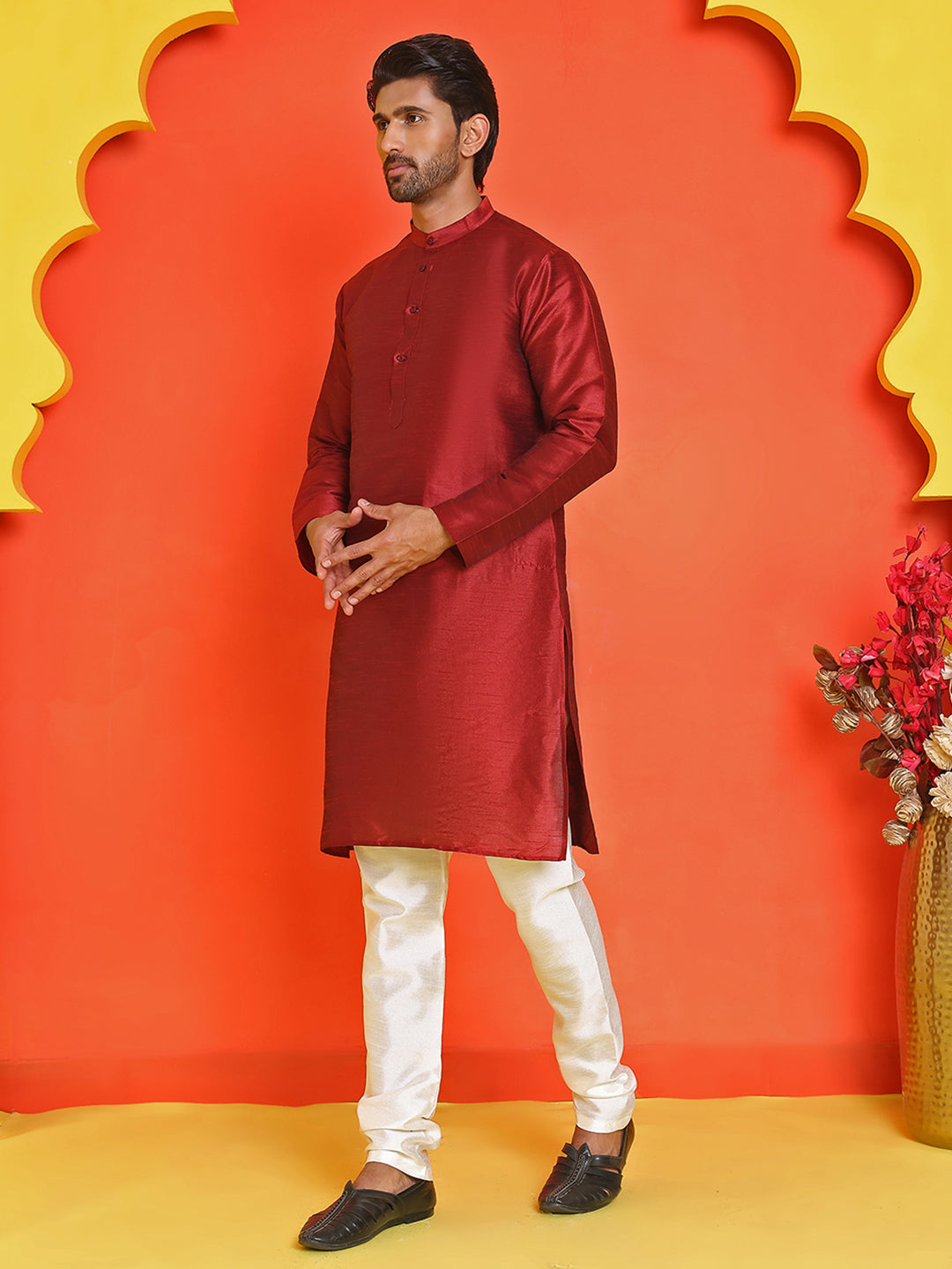 Solid Silk Kurta with Pyjamas ( JOKP P 5209 Maroon )