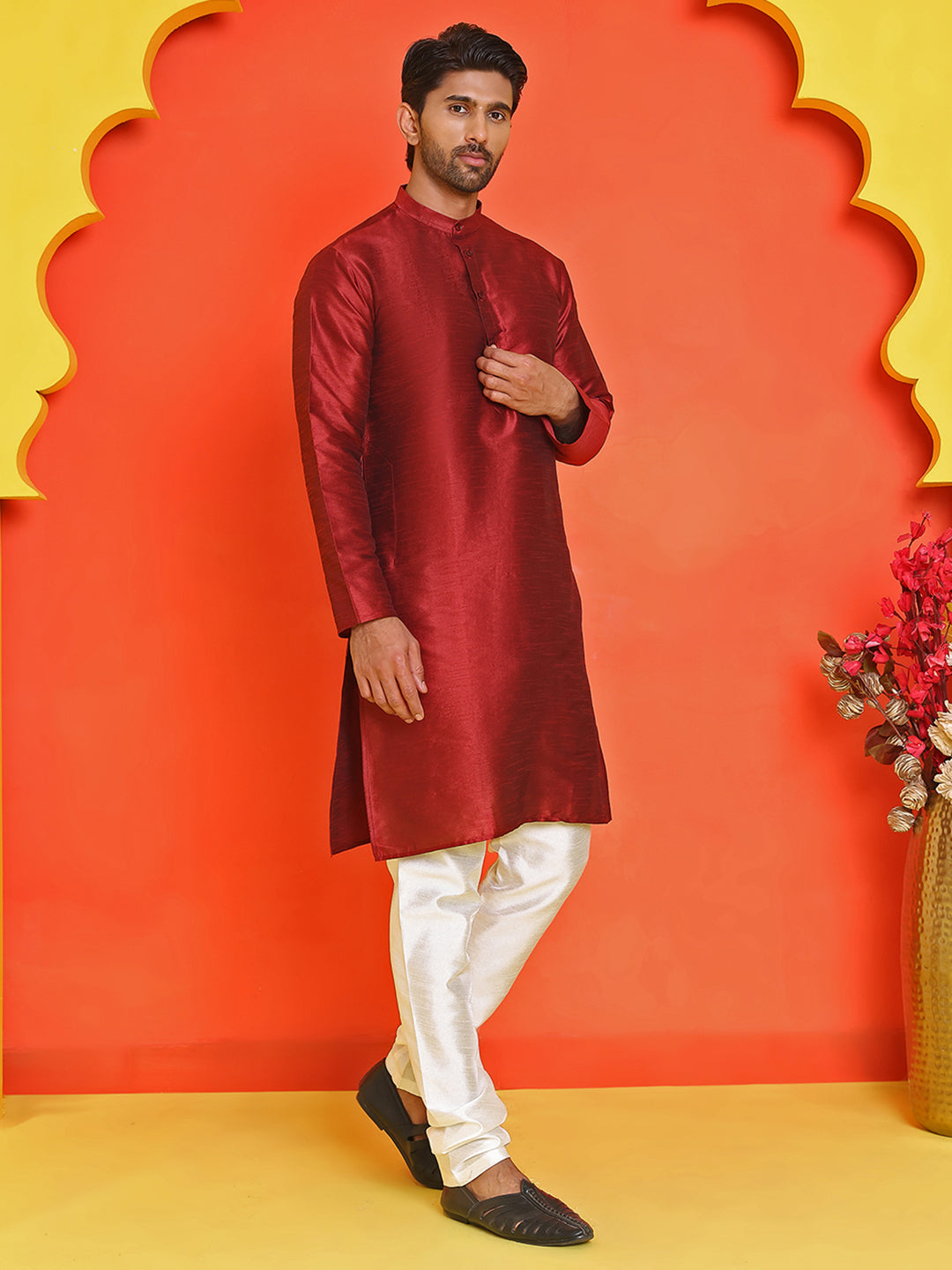 Solid Silk Kurta with Pyjamas ( JOKP P 5209 Maroon )