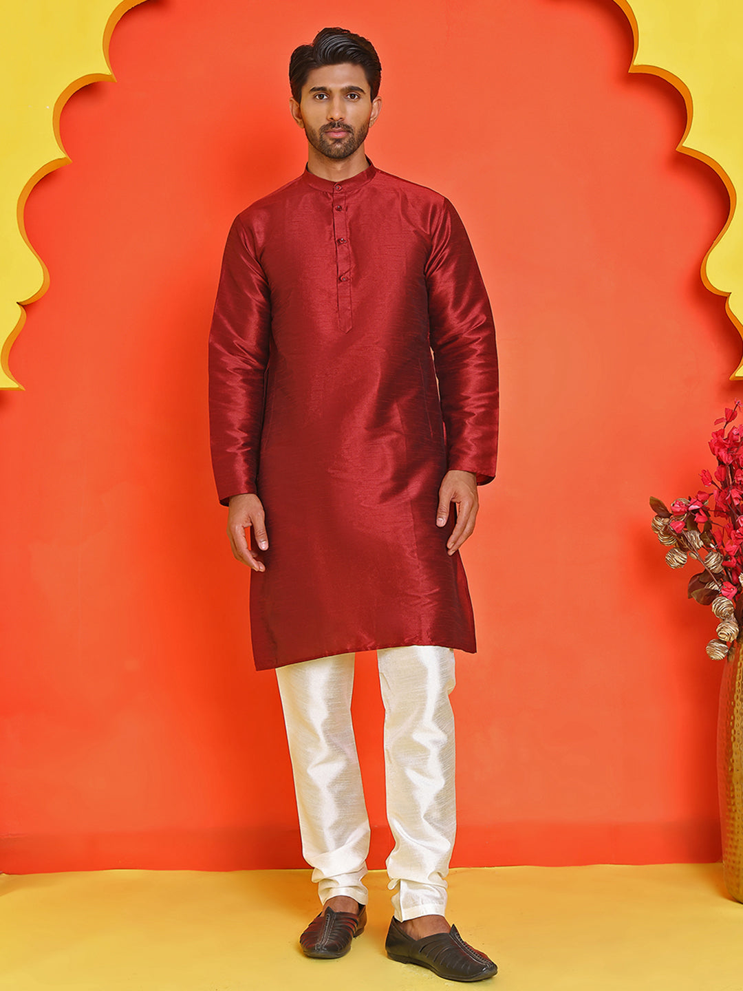 Solid Silk Kurta with Pyjamas ( JOKP P 5209 Maroon )