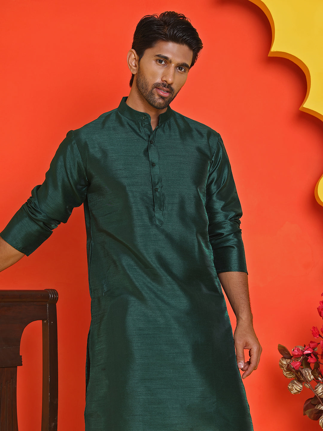 Solid Silk Kurta with Pyjamas ( JOKP P 5209 Olive )