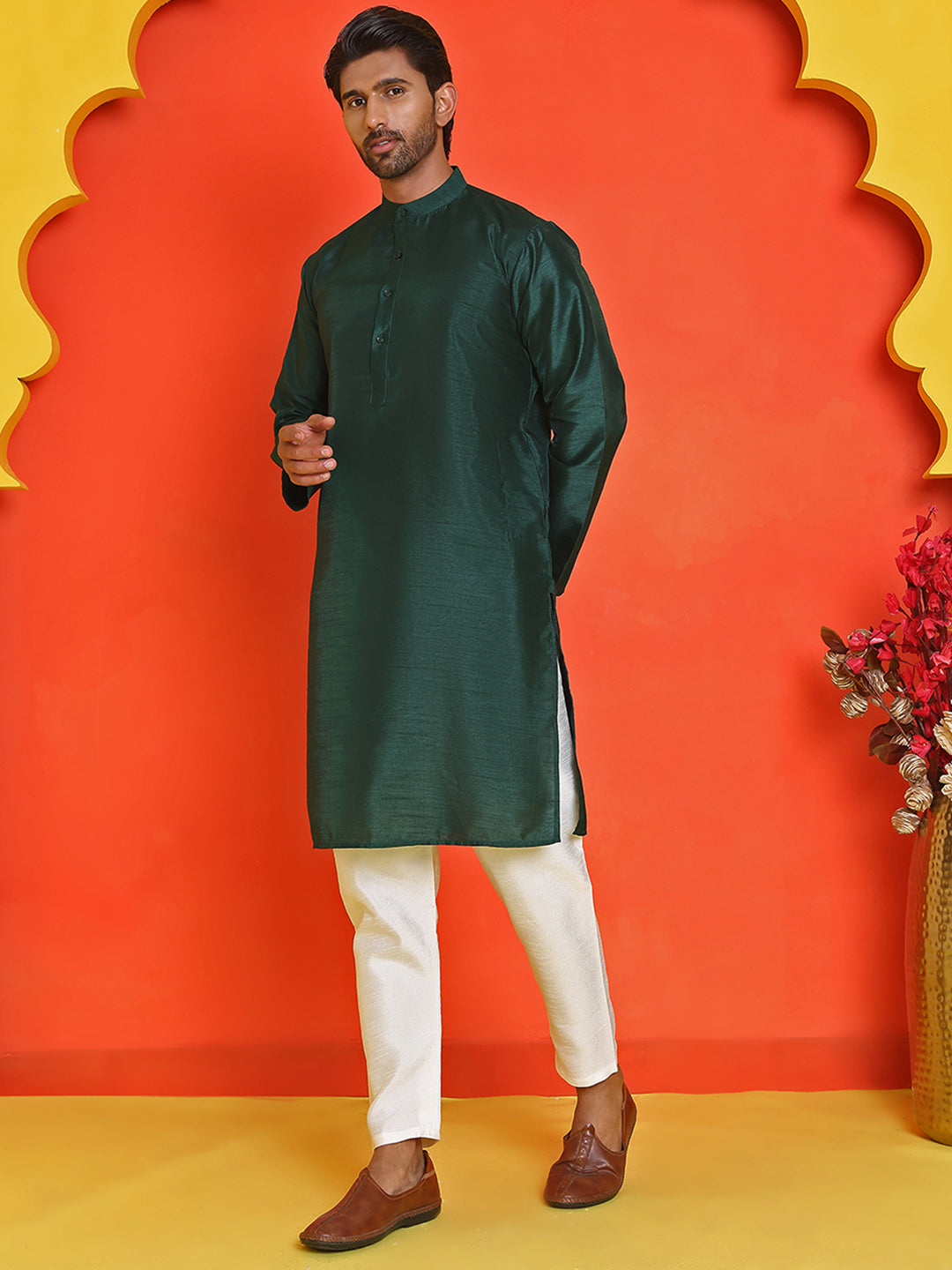Solid Silk Kurta with Pyjamas ( JOKP P 5209 Olive )