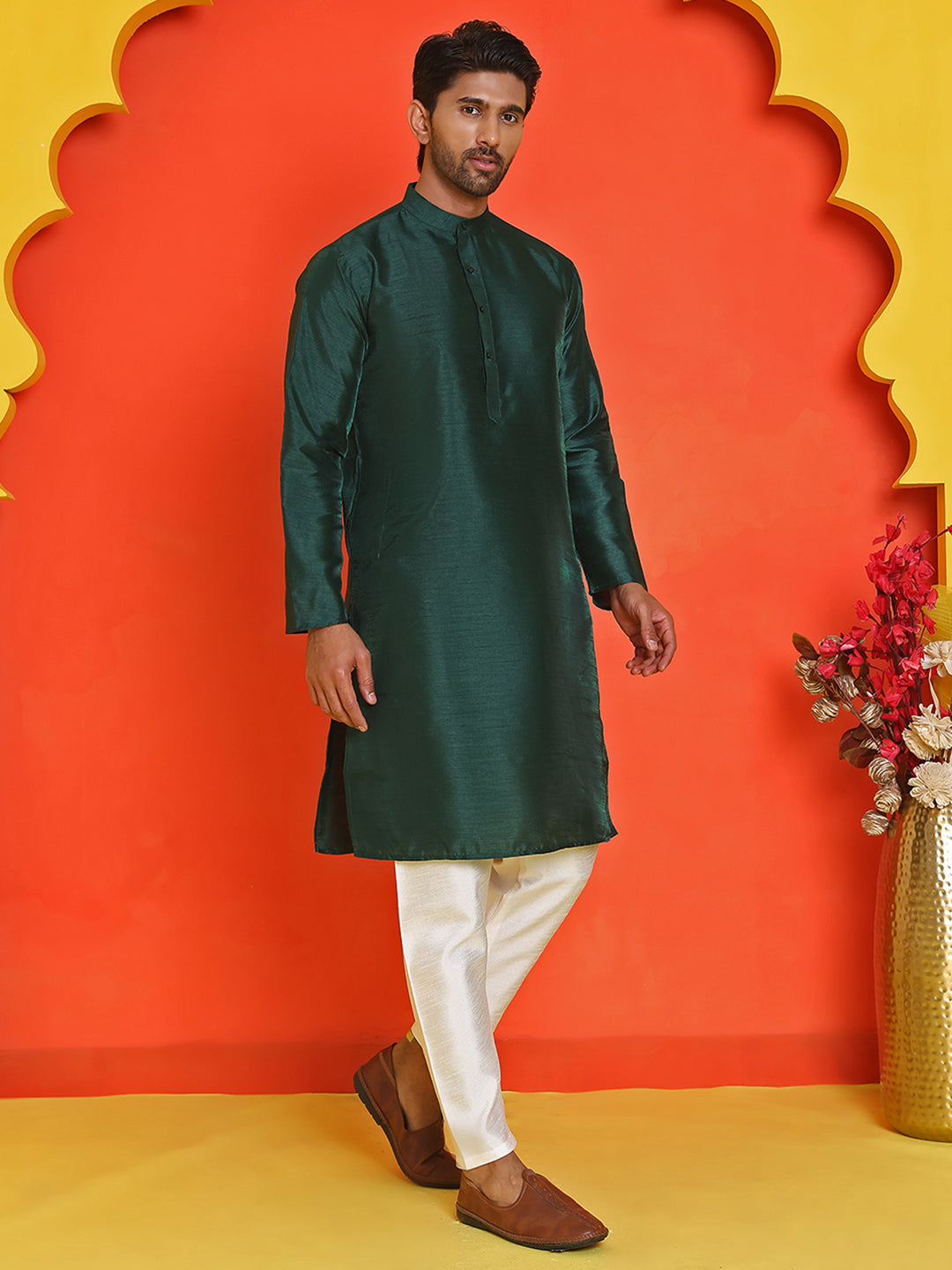 Solid Silk Kurta with Pyjamas ( JOKP P 5209 Olive )