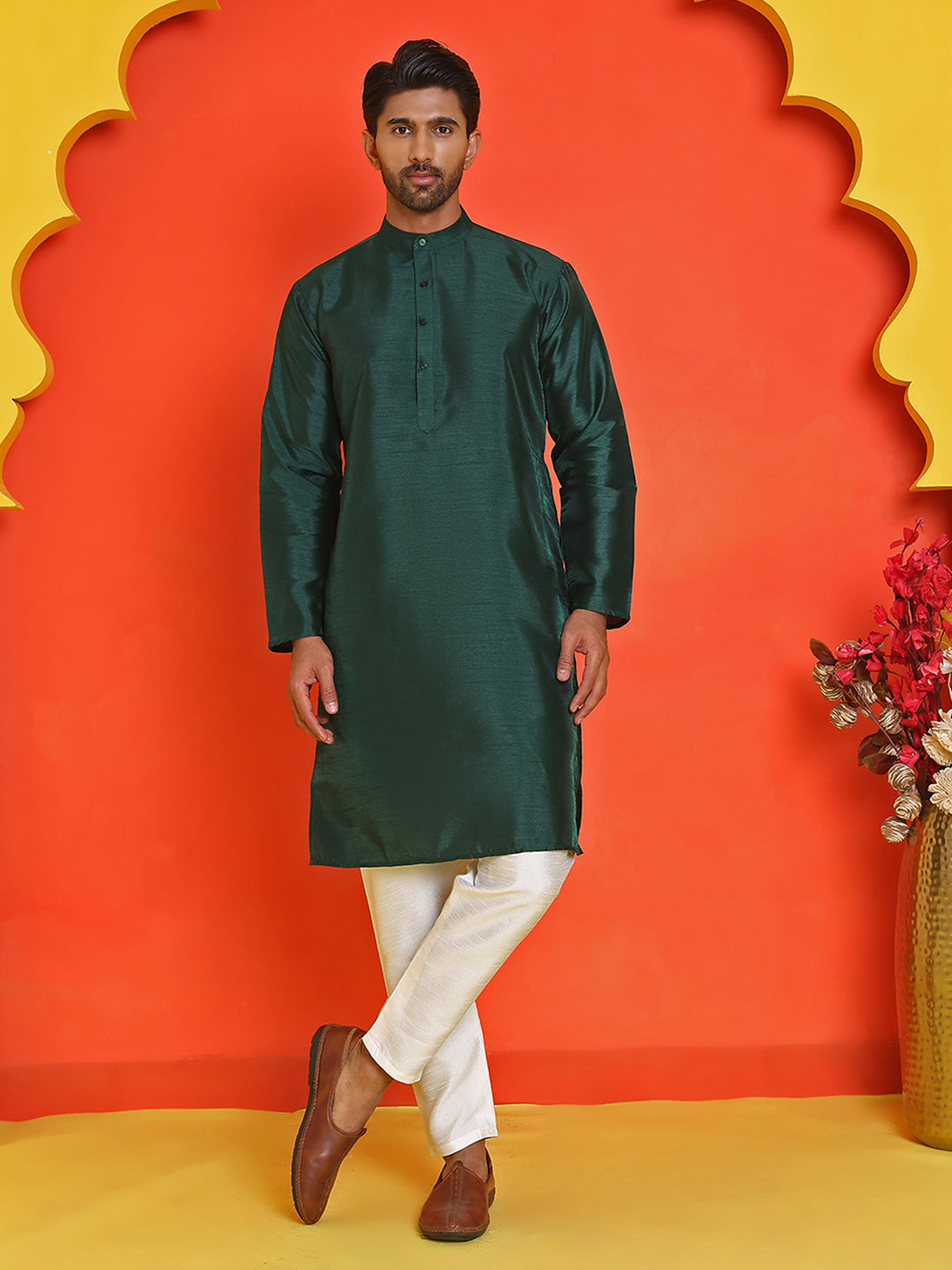 Solid Silk Kurta with Pyjamas ( JOKP P 5209 Olive )