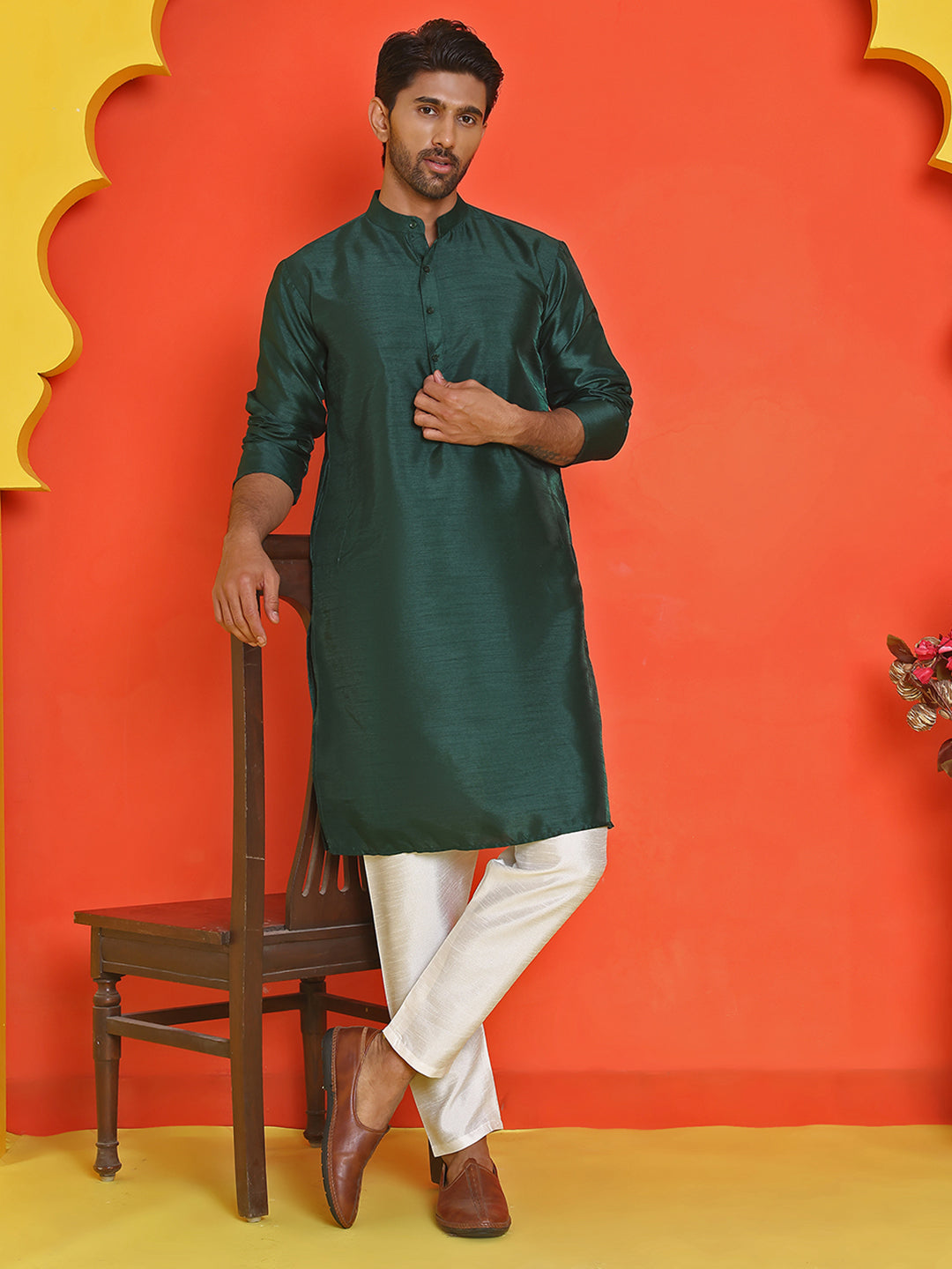 Solid Silk Kurta with Pyjamas ( JOKP P 5209 Olive )