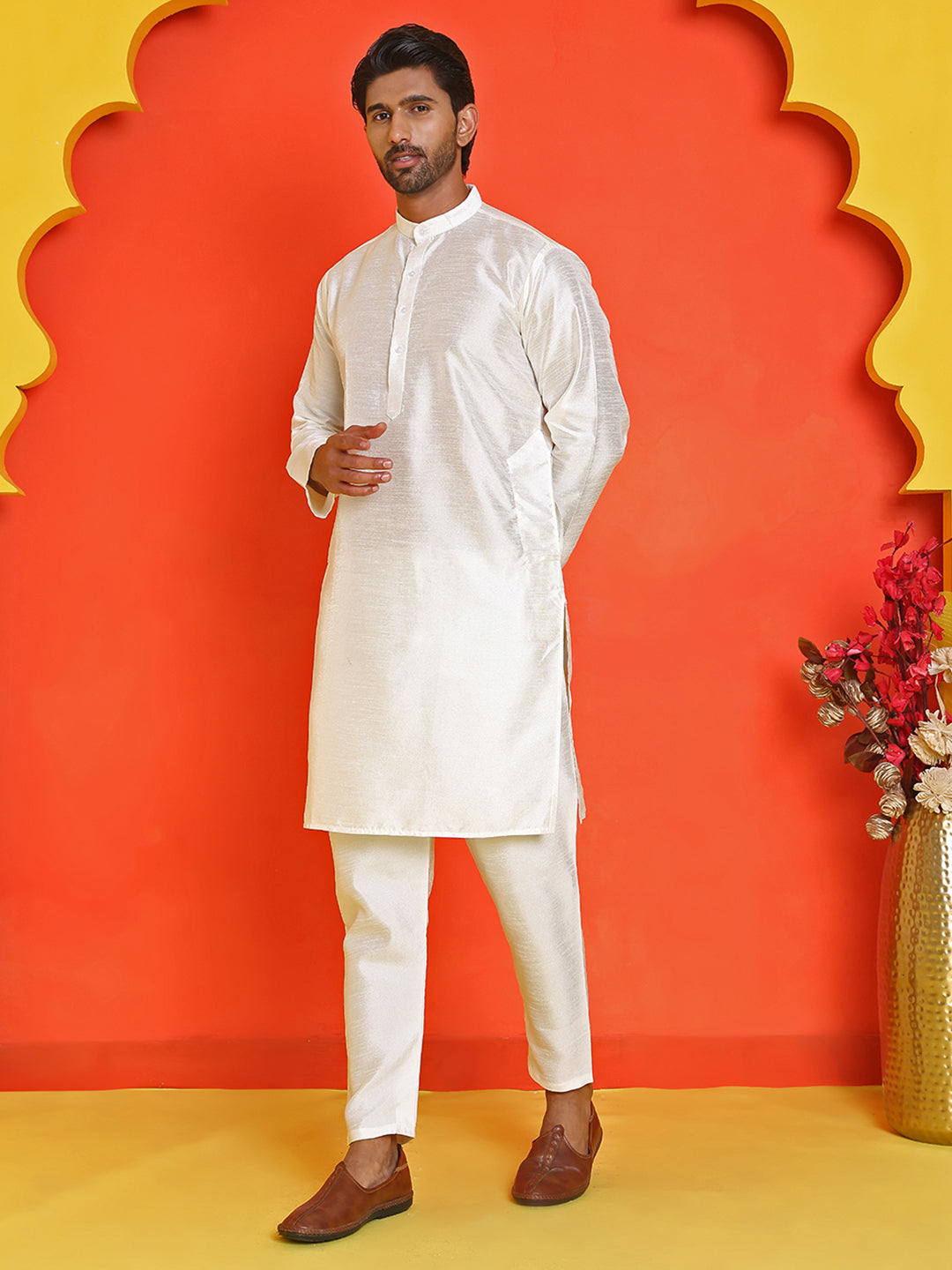 Solid Silk Kurta with Pyjamas ( JOKP P 5209 White )