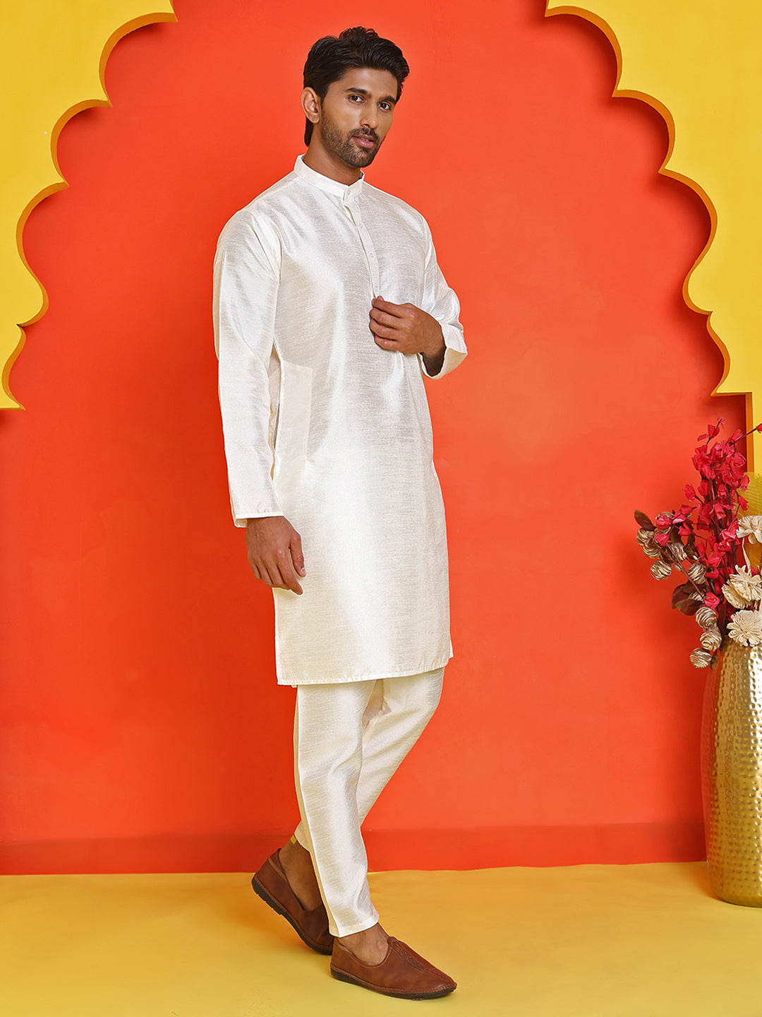 Solid Silk Kurta with Pyjamas ( JOKP P 5209 White )