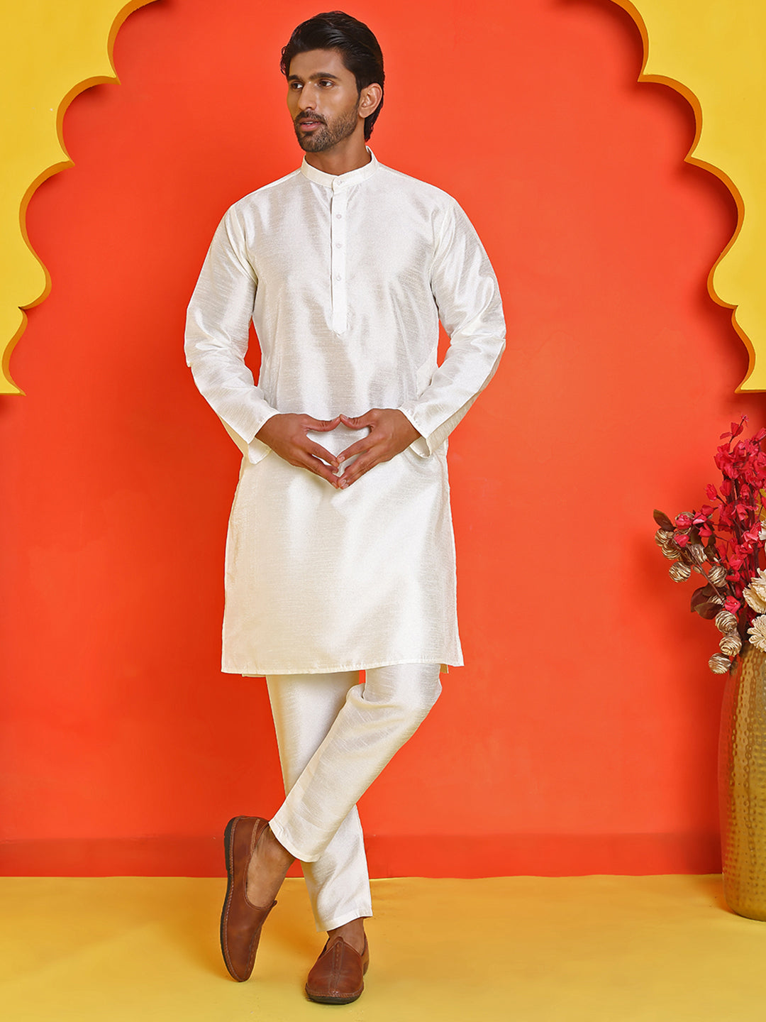 Solid Silk Kurta with Pyjamas ( JOKP P 5209 White )