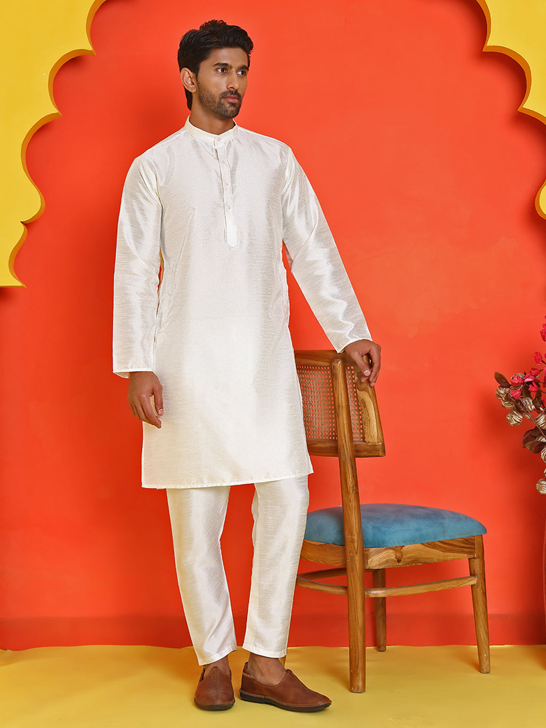Solid Silk Kurta with Pyjamas ( JOKP P 5209 White )