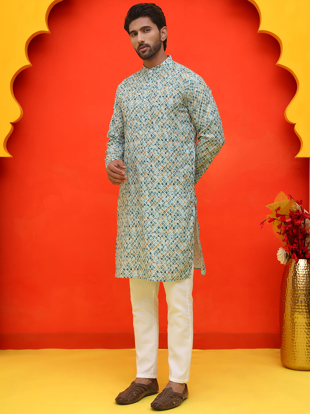 Men's Green Printed Kurta Pyjama Set ( JOKP P 5210 Green )