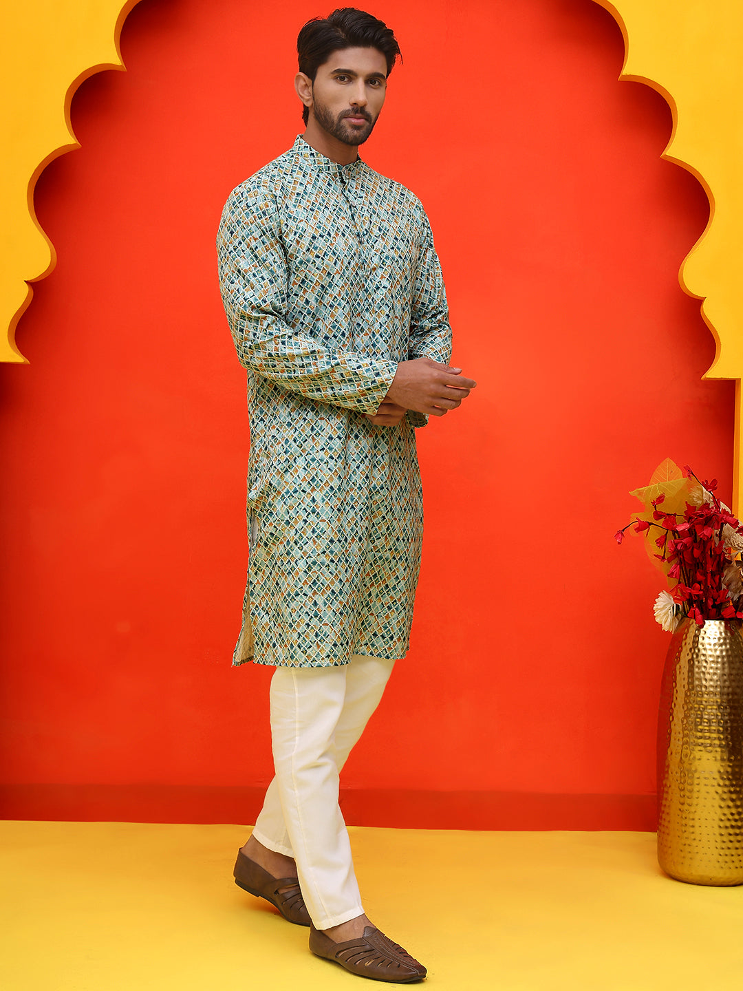 Men's Green Printed Kurta Pyjama Set ( JOKP P 5210 Green )