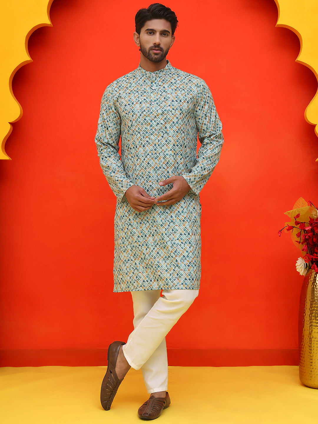 Men's Green Printed Kurta Pyjama Set ( JOKP P 5210 Green )