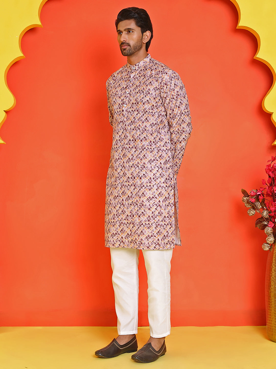 Men's Purple Printed Kurta Pyjama Set ( JOKP P 5210 Purple )