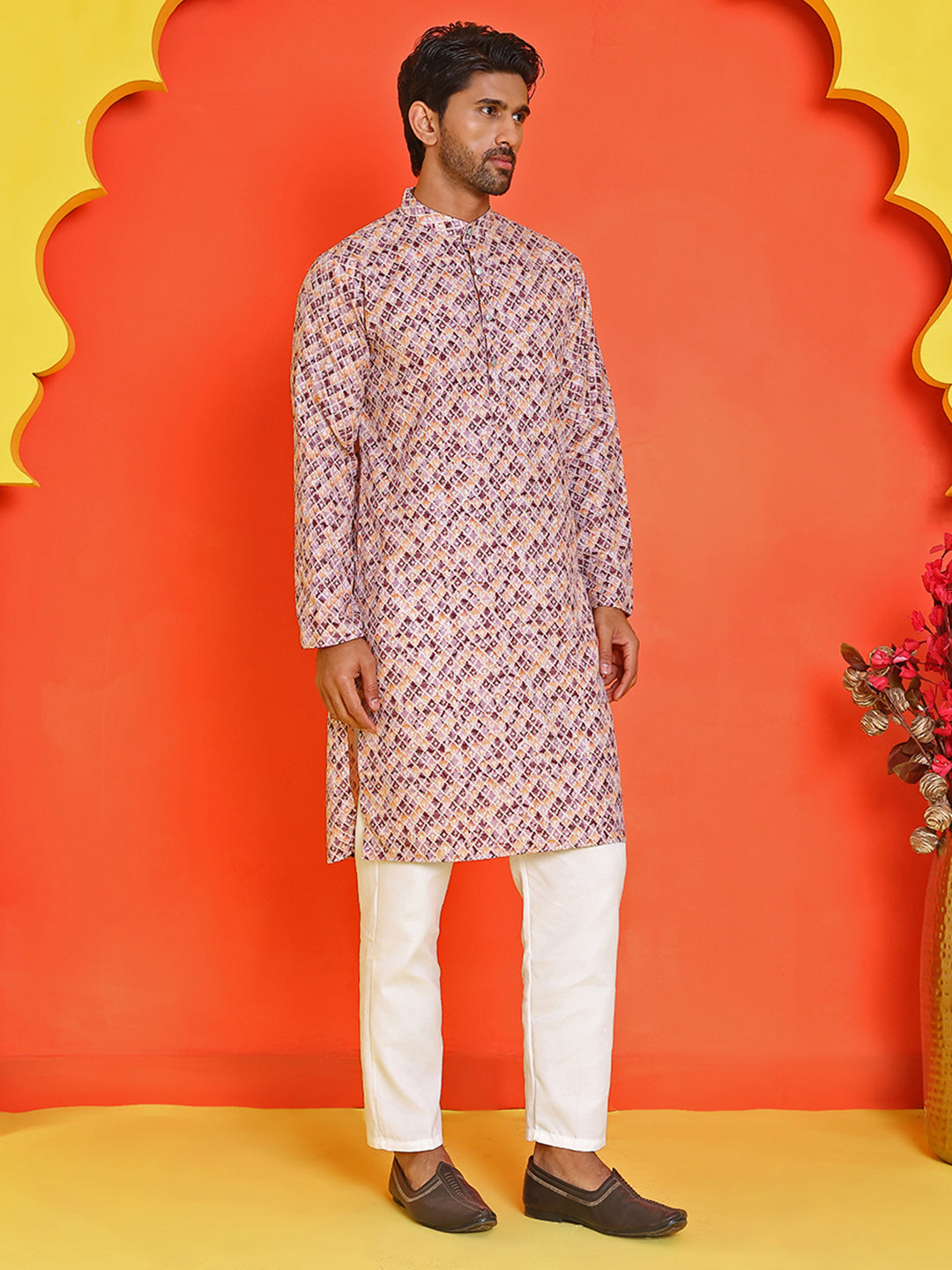Men's Purple Printed Kurta Pyjama Set ( JOKP P 5210 Purple )
