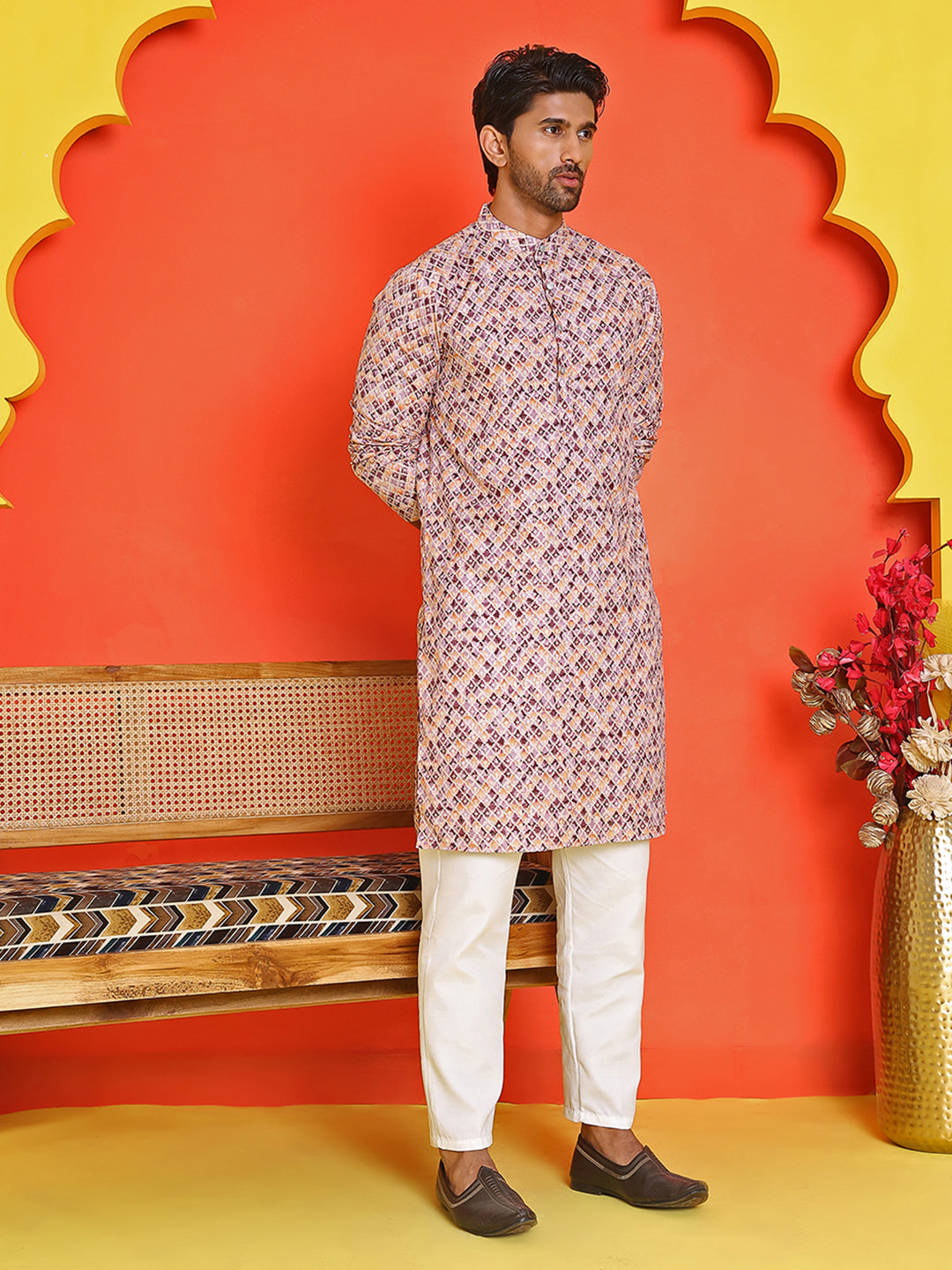 Men's Purple Printed Kurta Pyjama Set ( JOKP P 5210 Purple )