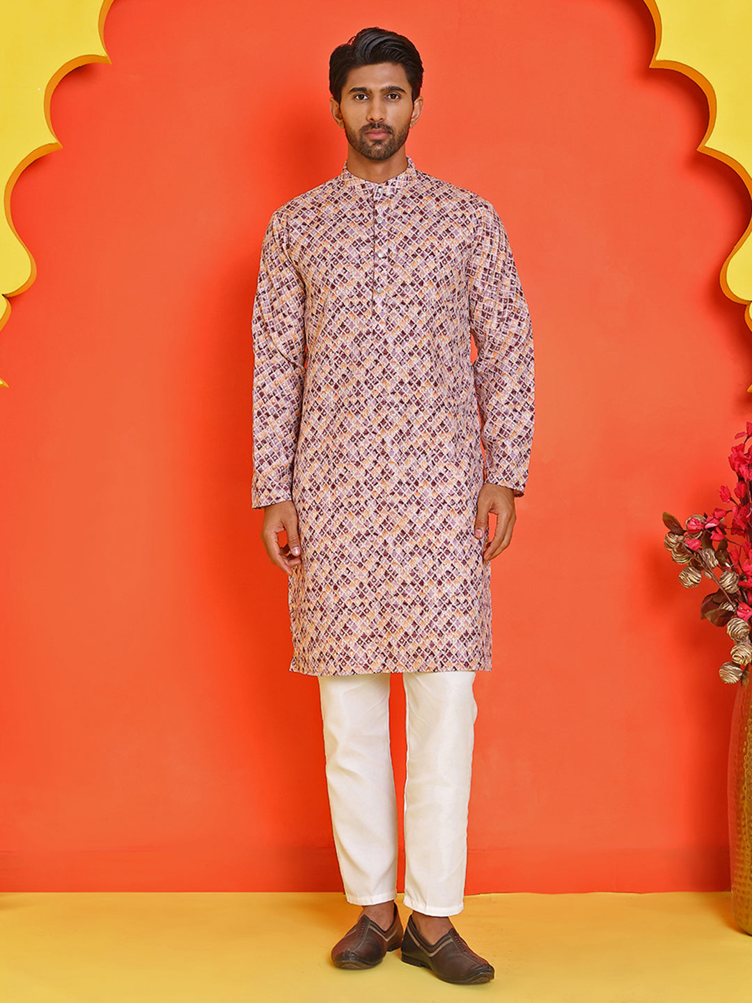 Men's Purple Printed Kurta Pyjama Set ( JOKP P 5210 Purple )