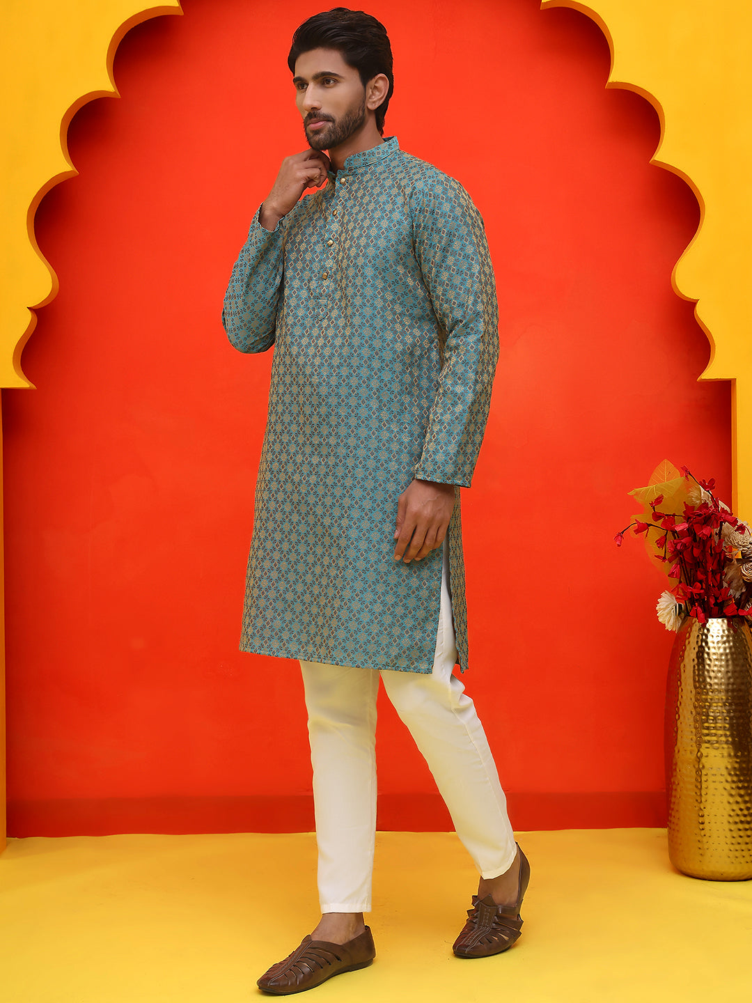 Jacquard Silk Straight Kurta Pyjama Set ( JOKP P 5211 Blue )