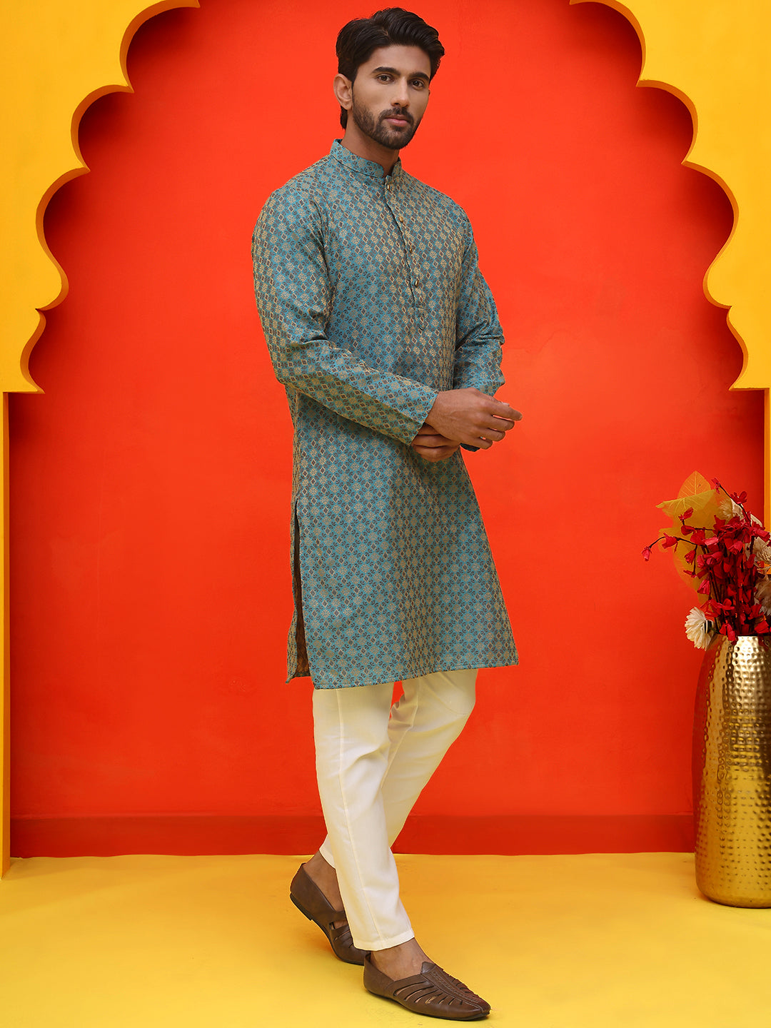 Jacquard Silk Straight Kurta Pyjama Set ( JOKP P 5211 Blue )