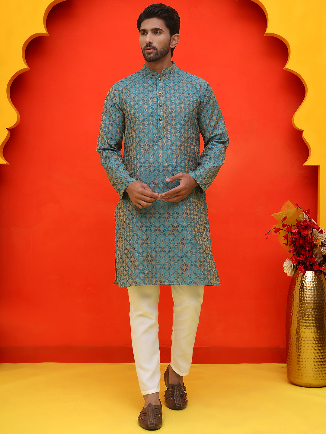 Jacquard Silk Straight Kurta Pyjama Set ( JOKP P 5211 Blue )