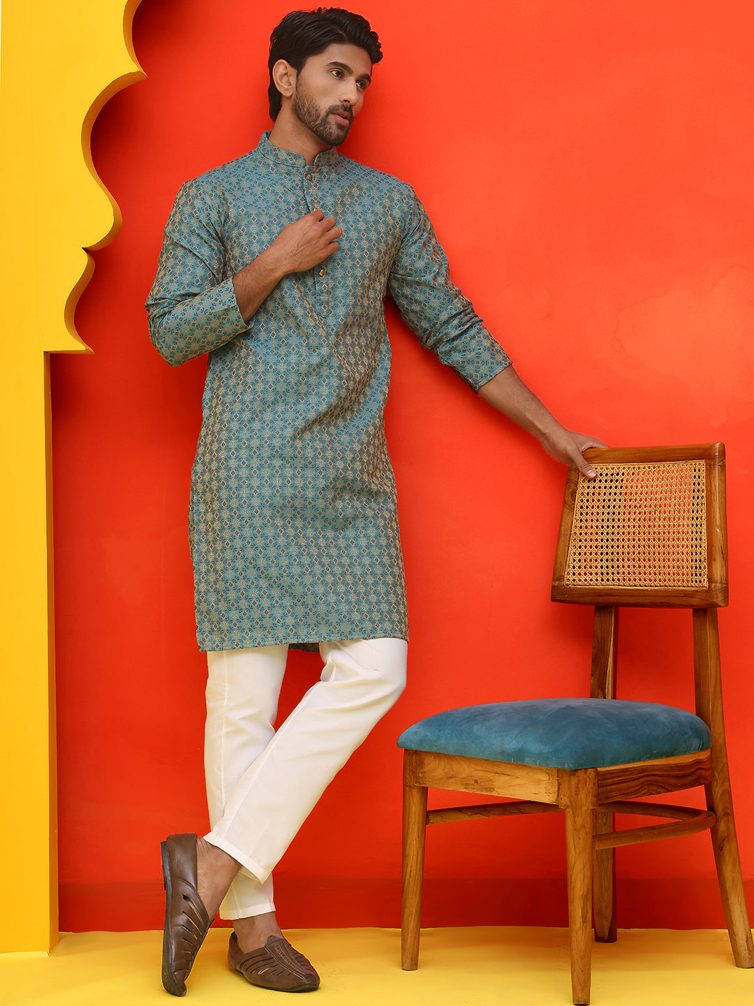 Jacquard Silk Straight Kurta Pyjama Set ( JOKP P 5211 Blue )