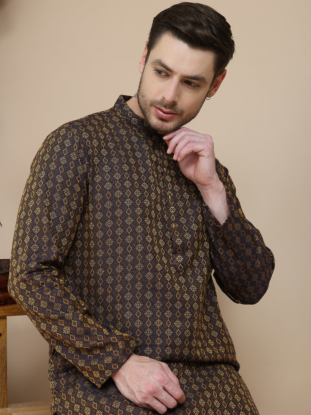 Jacquard Silk Straight Kurta Pyjama Set ( JOKP P 5211 Brown )