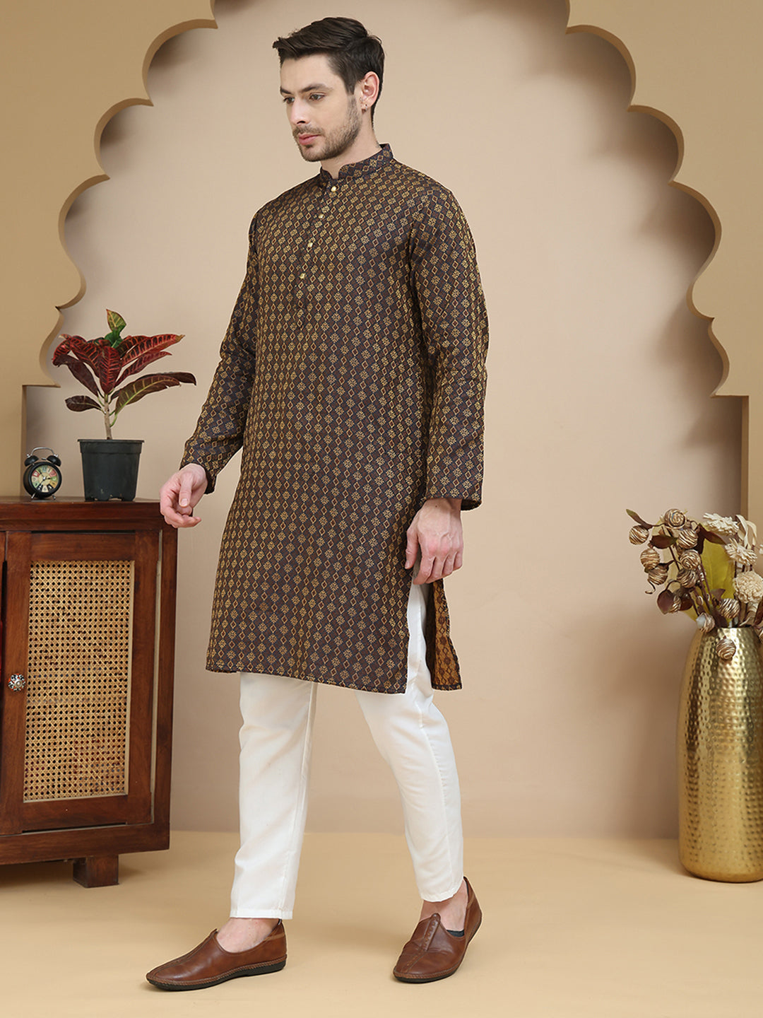 Jacquard Silk Straight Kurta Pyjama Set ( JOKP P 5211 Brown )