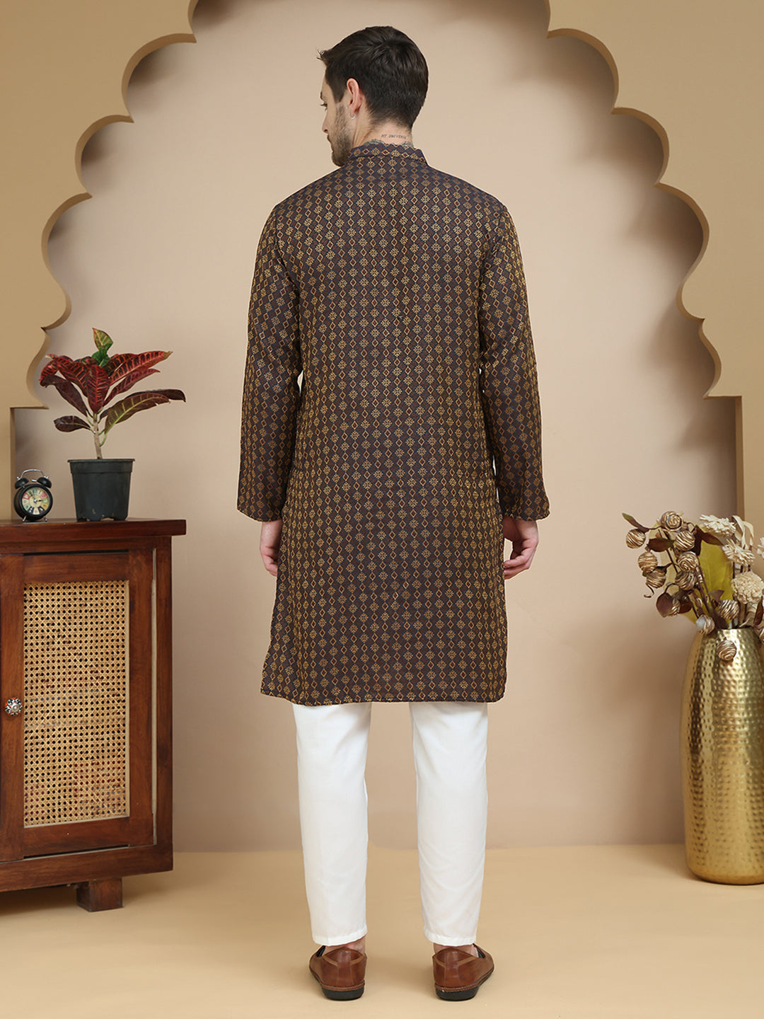 Jacquard Silk Straight Kurta Pyjama Set ( JOKP P 5211 Brown )