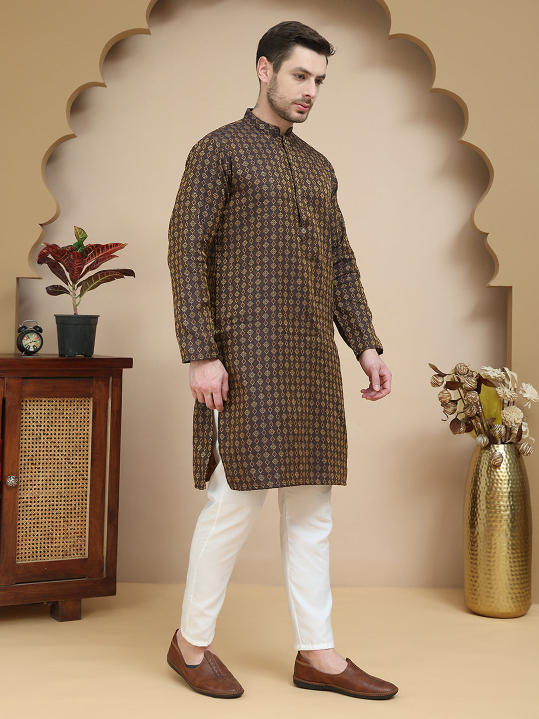 Jacquard Silk Straight Kurta Pyjama Set ( JOKP P 5211 Brown )