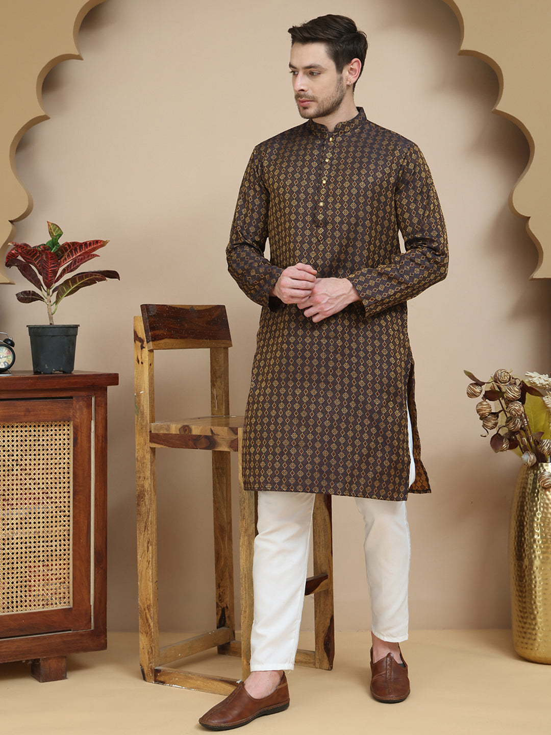 Jacquard Silk Straight Kurta Pyjama Set ( JOKP P 5211 Brown )