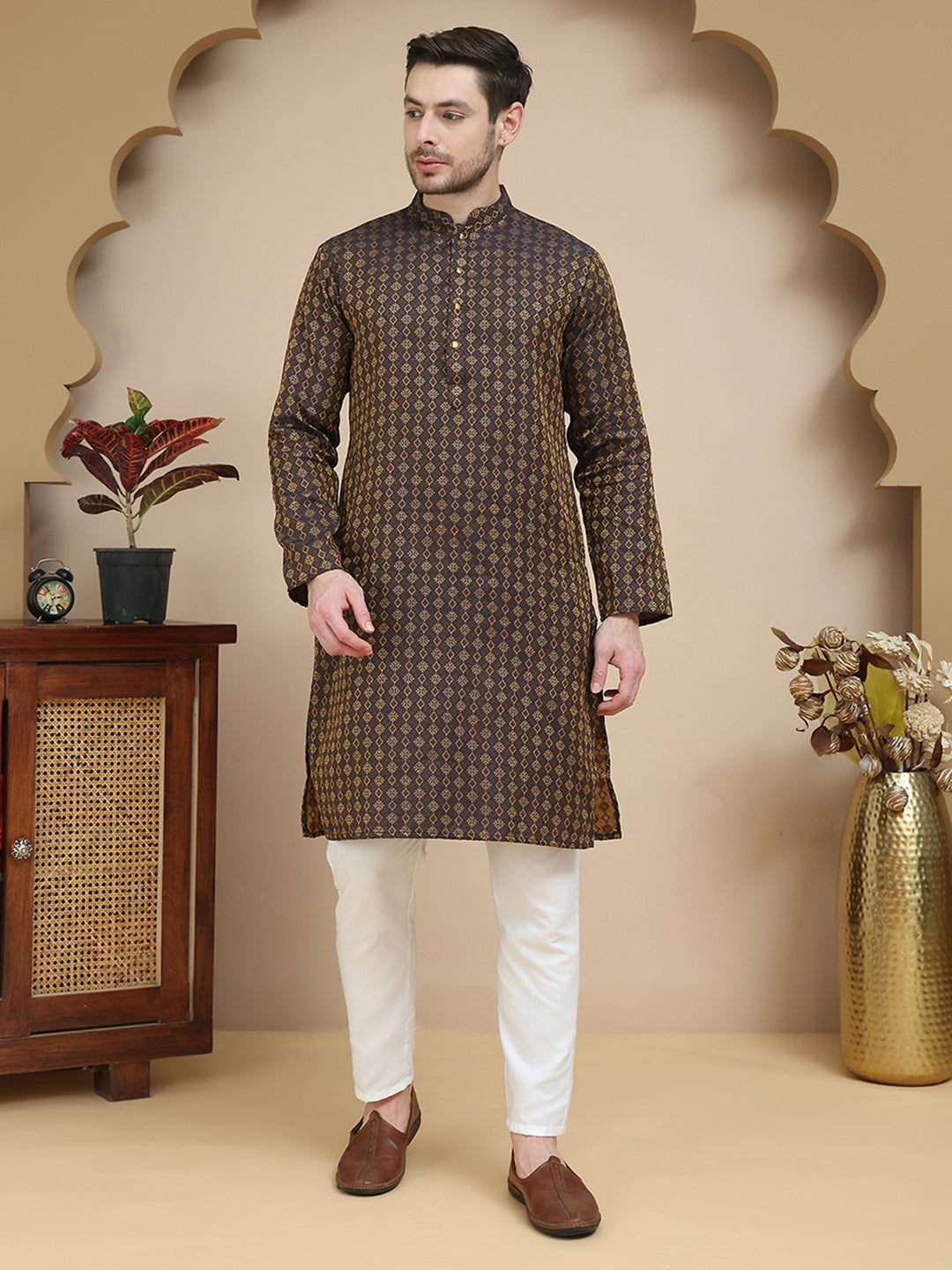Jacquard Silk Straight Kurta Pyjama Set ( JOKP P 5211 Brown )