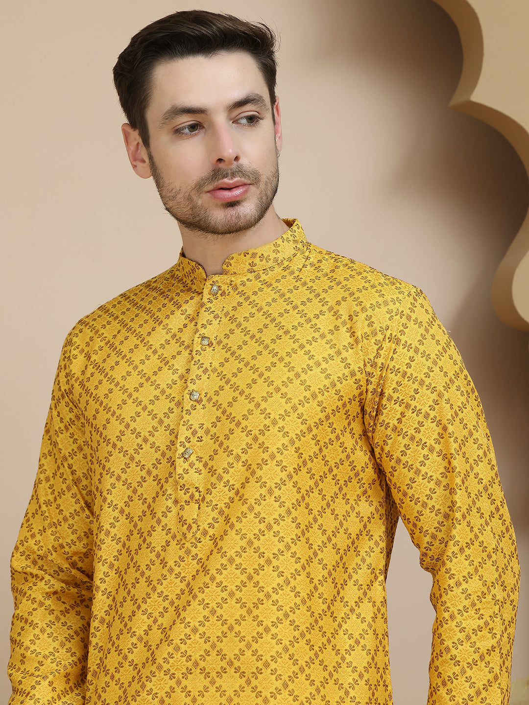 Jacquard Silk Straight Kurta Pyjama Set ( JOKP P 5211 Mustard )