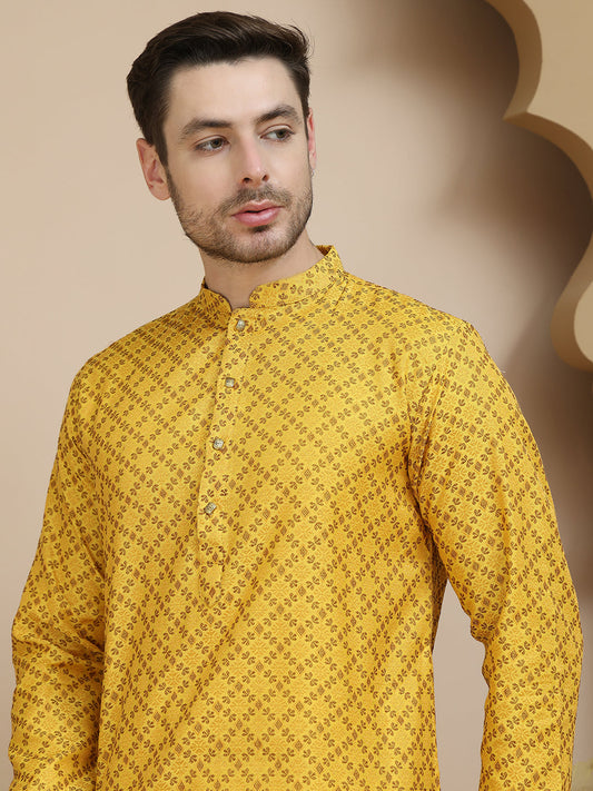 Jacquard Silk Straight Kurta Pyjama Set ( JOKP P 5211 Mustard )