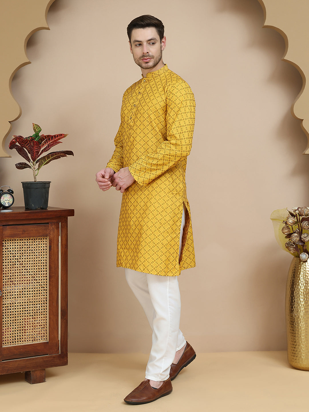 Jacquard Silk Straight Kurta Pyjama Set ( JOKP P 5211 Mustard )