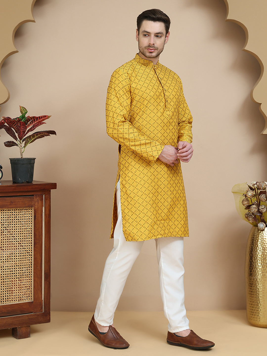 Jacquard Silk Straight Kurta Pyjama Set ( JOKP P 5211 Mustard )