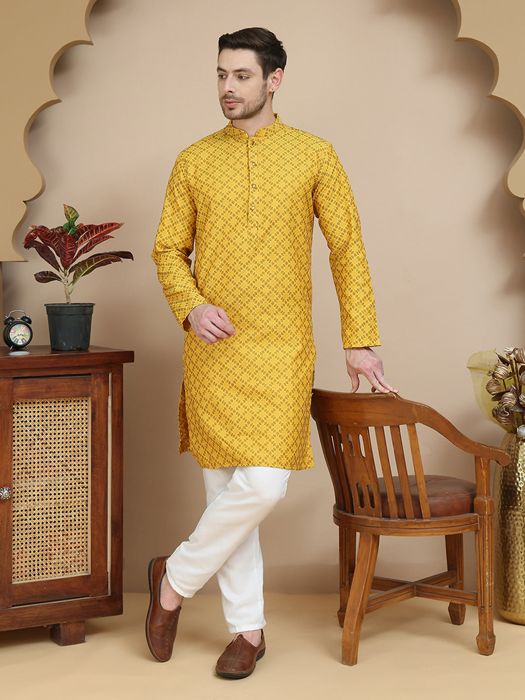 Jacquard Silk Straight Kurta Pyjama Set ( JOKP P 5211 Mustard )