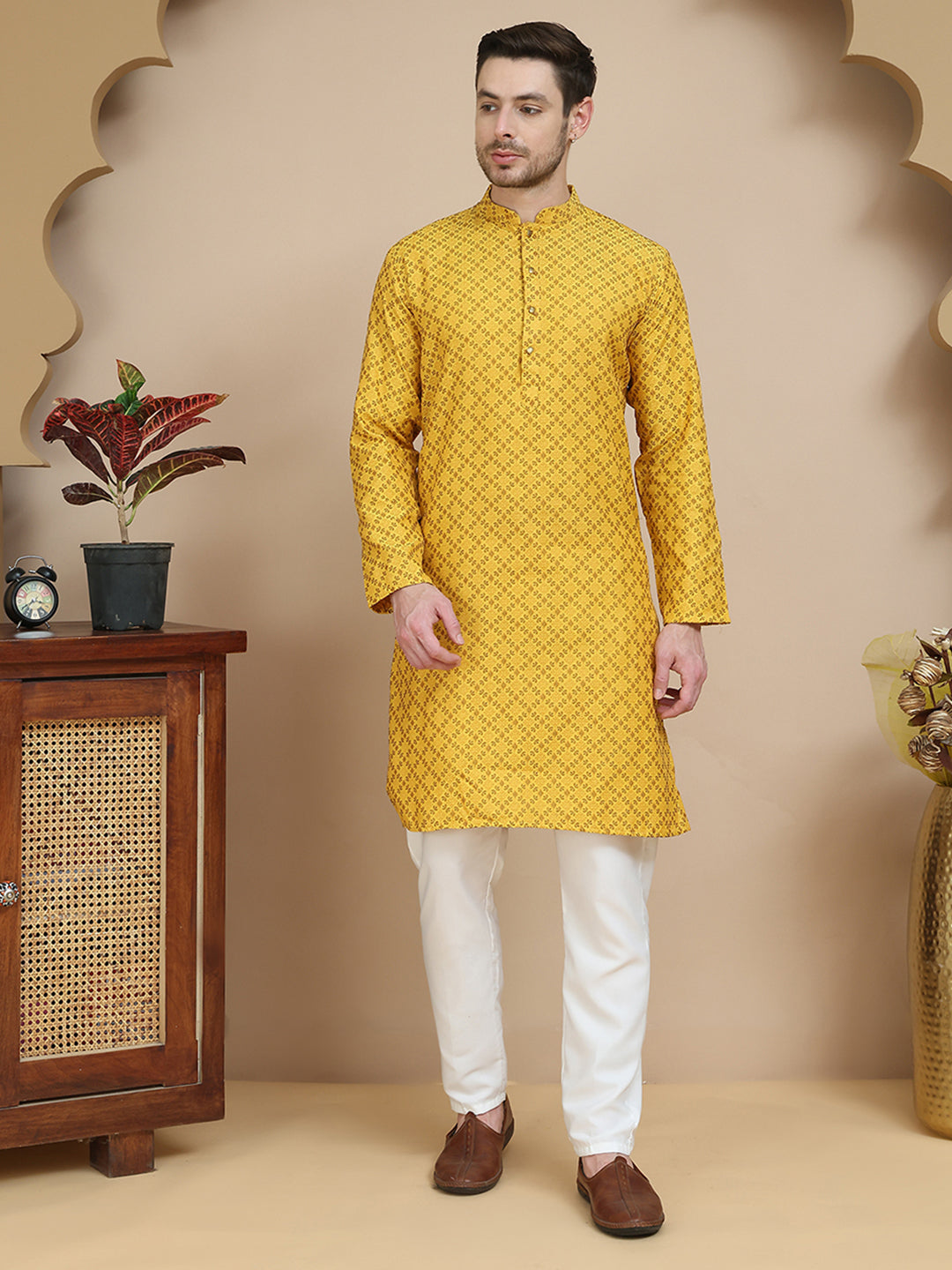Jacquard Silk Straight Kurta Pyjama Set ( JOKP P 5211 Mustard )