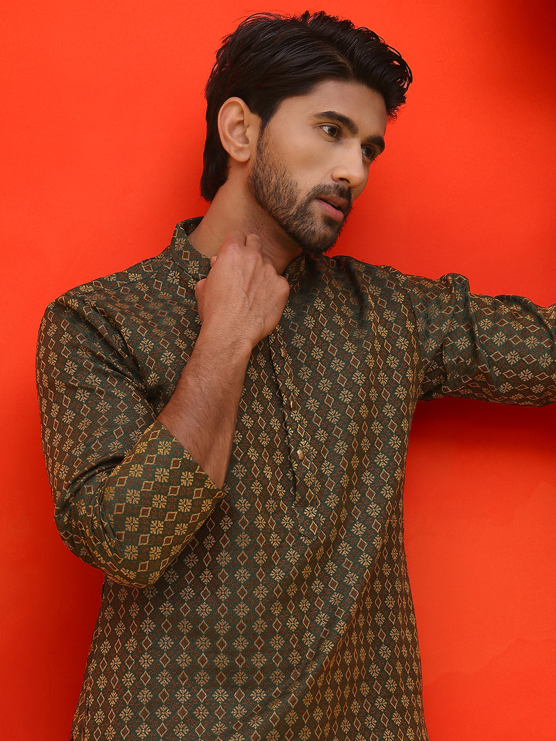Jacquard Silk Straight Kurta Pyjama Set ( JOKP P 5211 Olive ) [FF] [K-4]