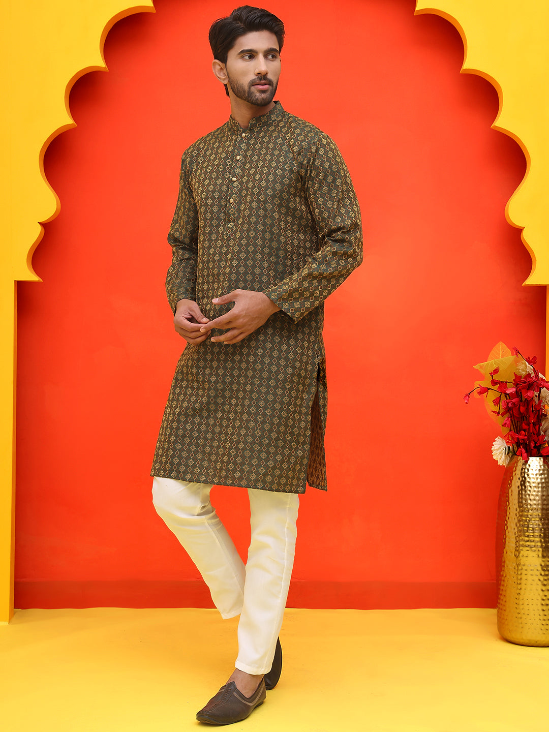 Jacquard Silk Straight Kurta Pyjama Set ( JOKP P 5211 Olive ) [FF] [K-4]