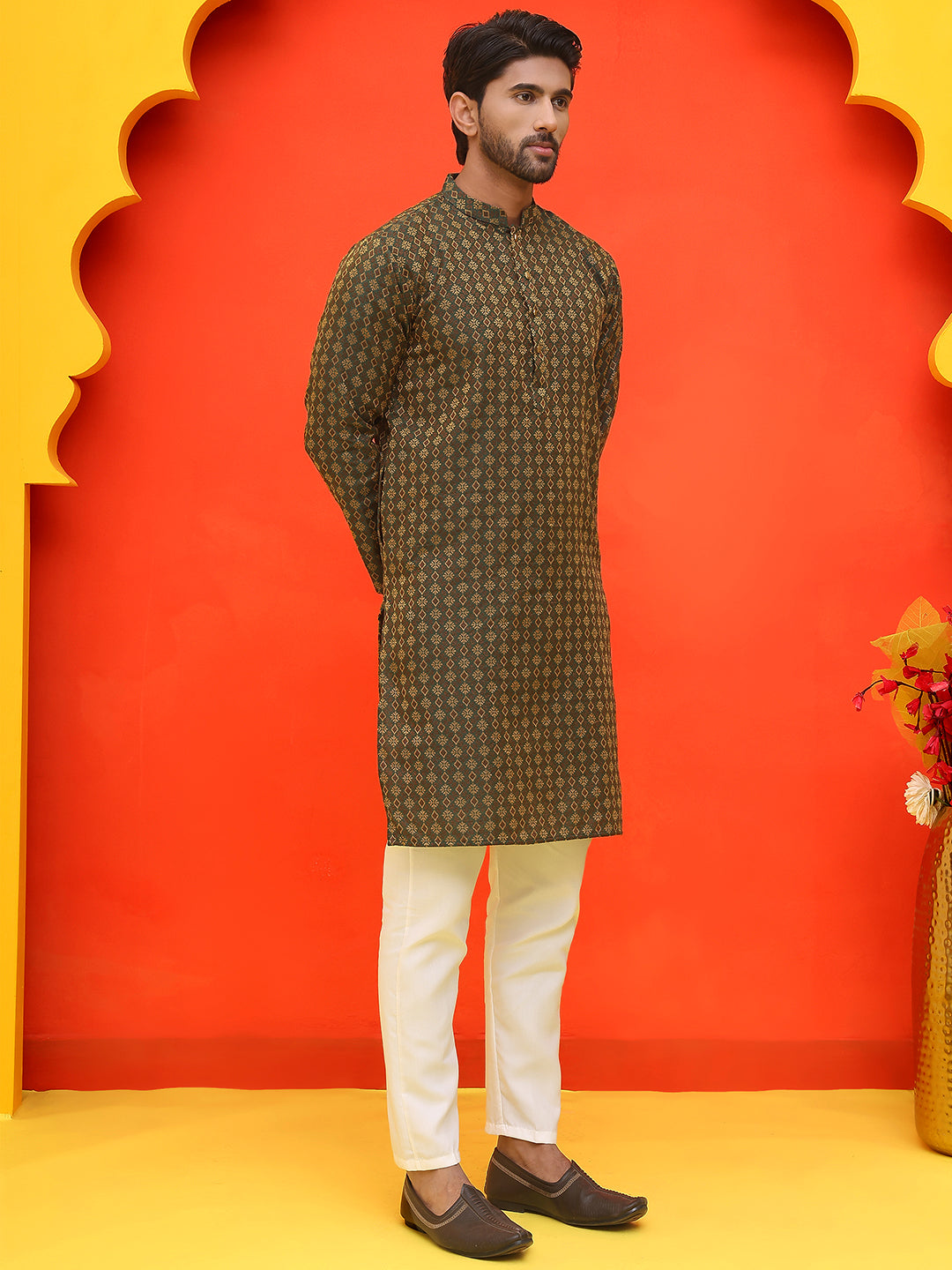 Jacquard Silk Straight Kurta Pyjama Set ( JOKP P 5211 Olive ) [FF] [K-4]