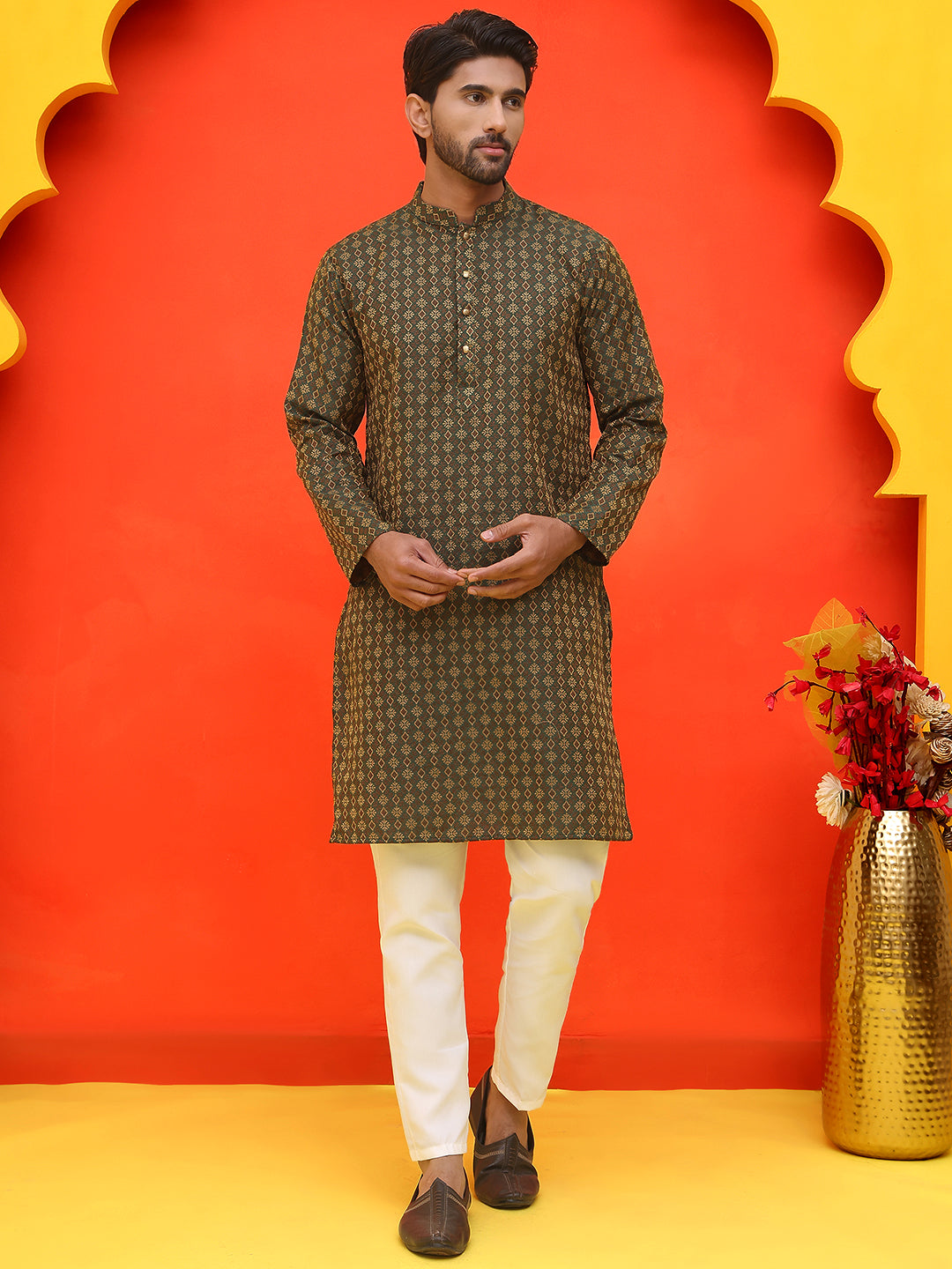 Jacquard Silk Straight Kurta Pyjama Set ( JOKP P 5211 Olive ) [FF] [K-4]