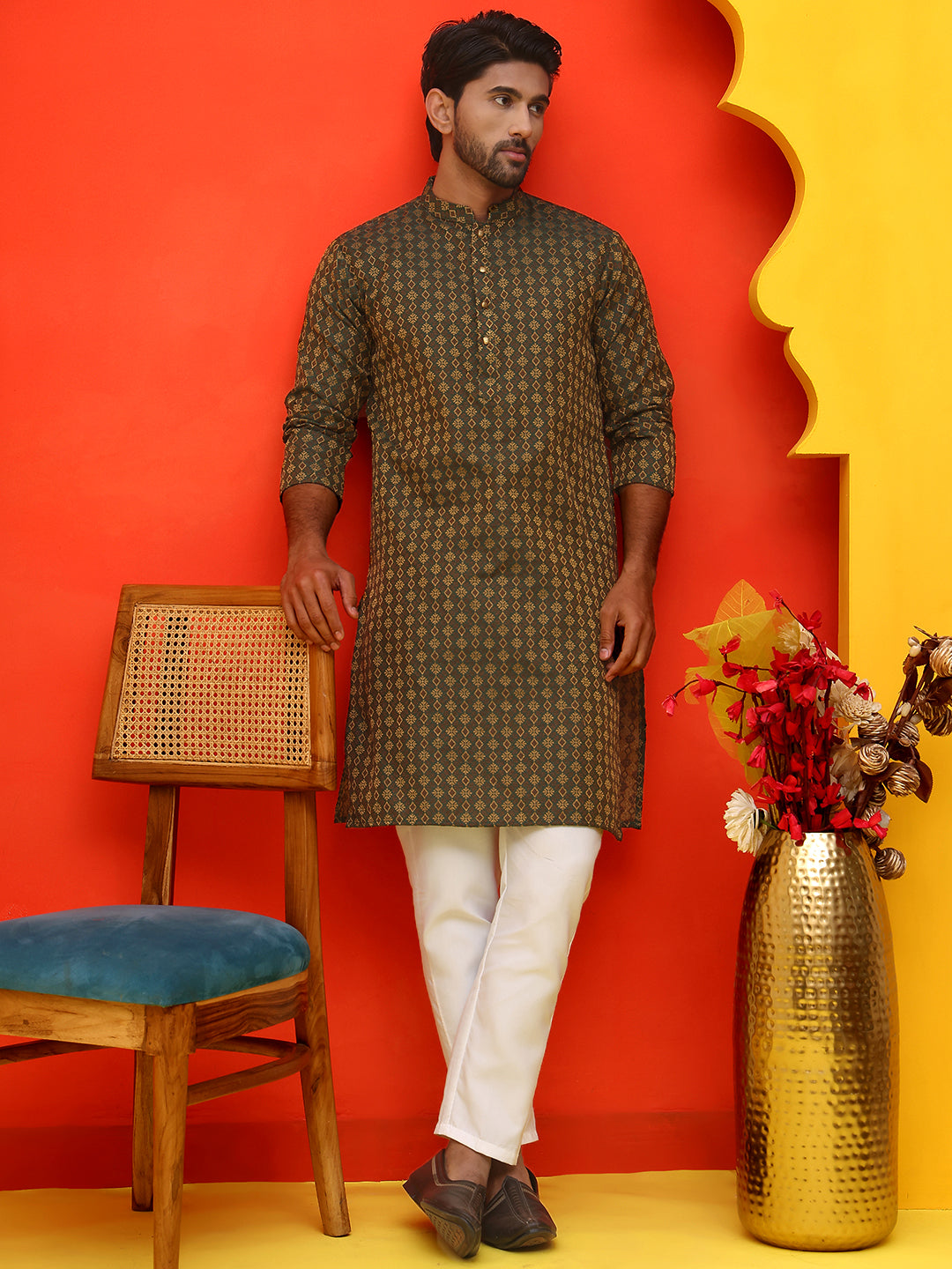 Jacquard Silk Straight Kurta Pyjama Set ( JOKP P 5211 Olive ) [FF] [K-4]