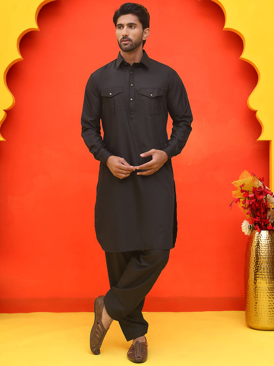 Men's Solid Pathani Kurta with Salwar ( JOKP P 5212 Black )