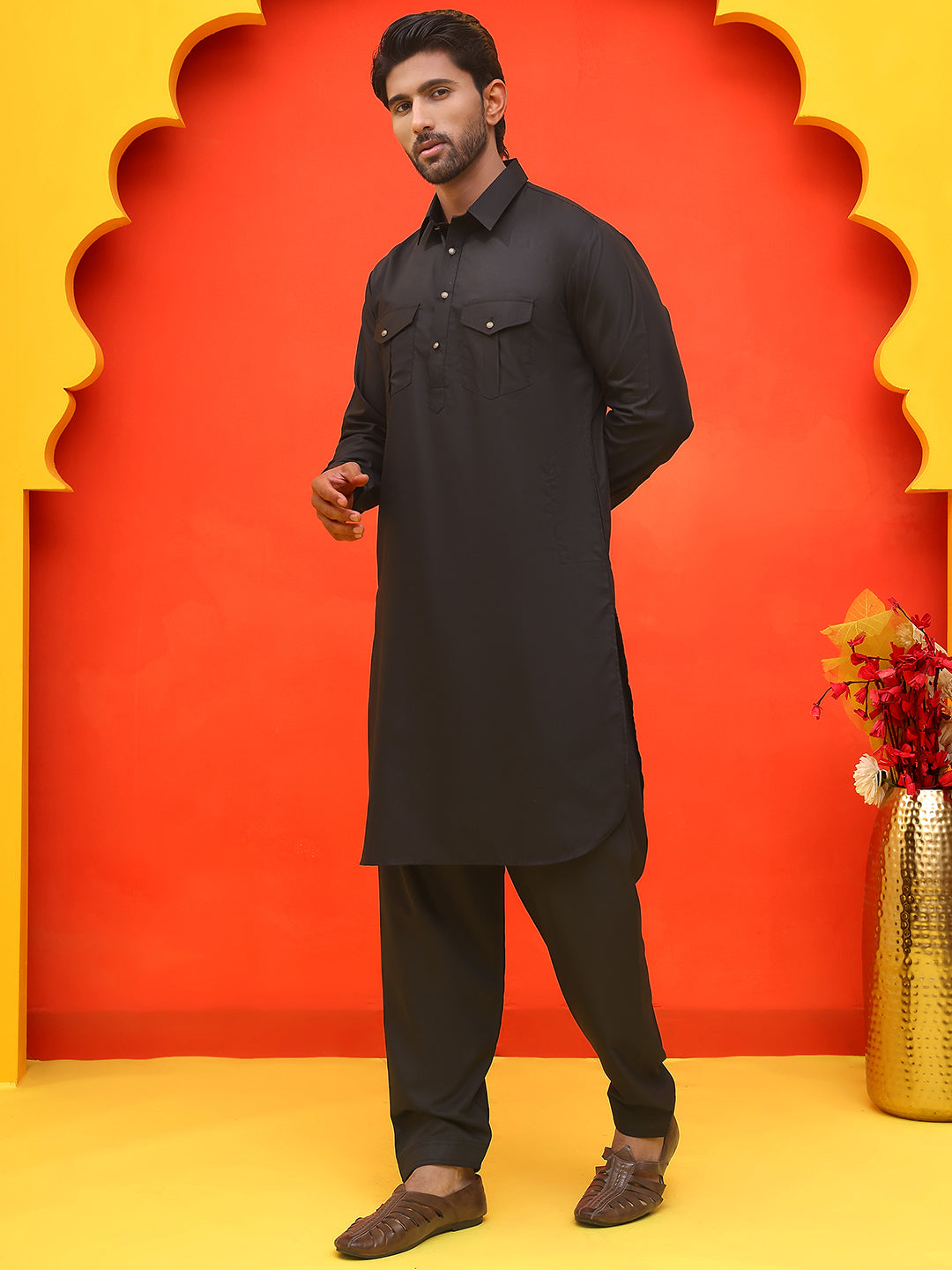 Men's Solid Pathani Kurta with Salwar ( JOKP P 5212 Black )