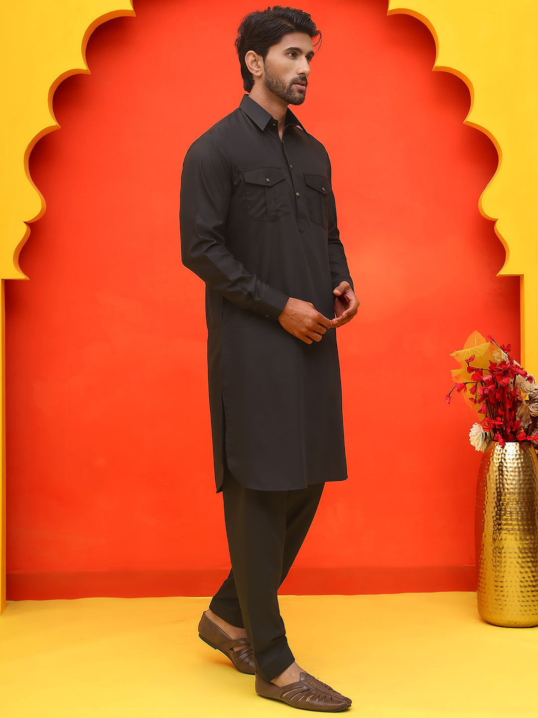 Men's Solid Pathani Kurta with Salwar ( JOKP P 5212 Black )