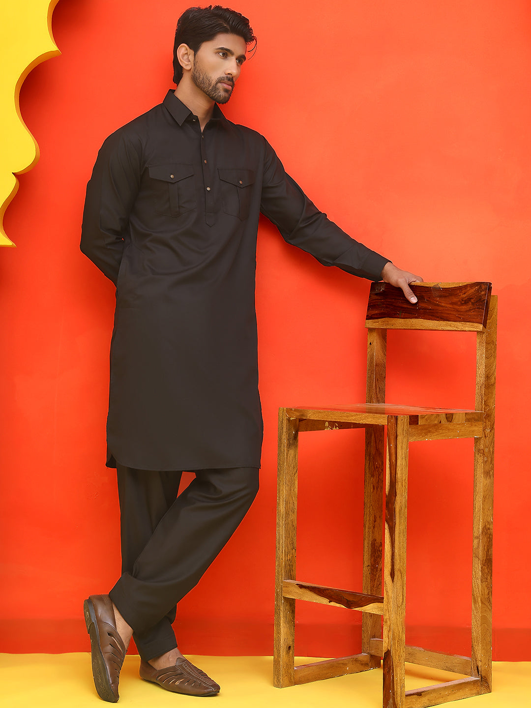 Men's Solid Pathani Kurta with Salwar ( JOKP P 5212 Black )