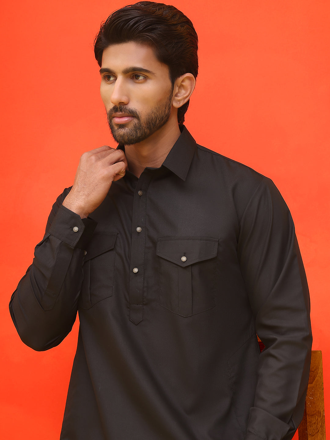 Men's Solid Pathani Kurta with Salwar ( JOKP P 5212 Black )