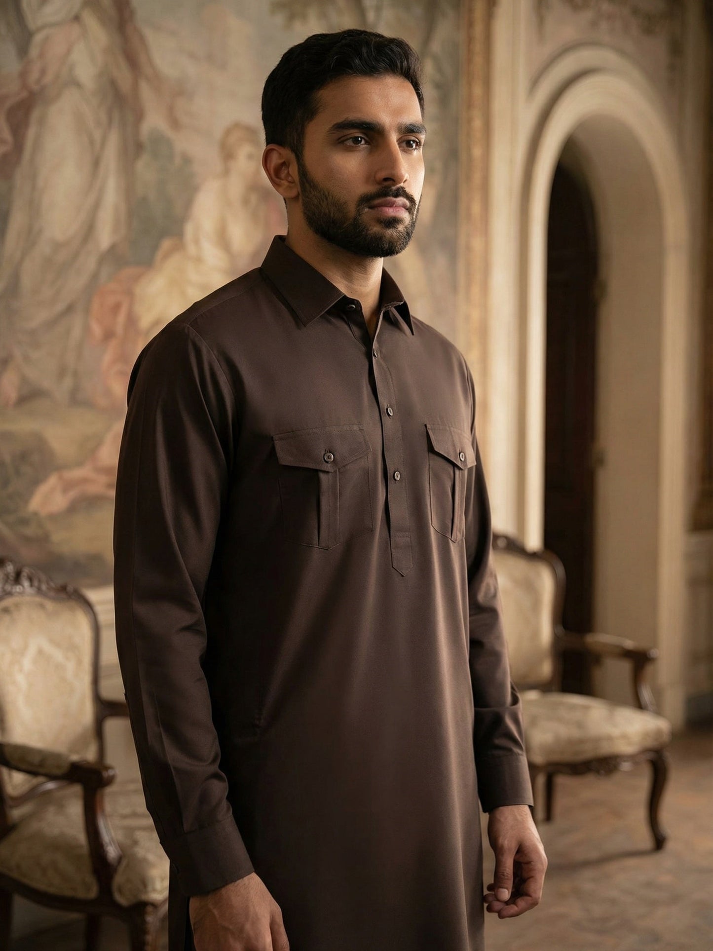 Men's Solid Pathani Kurta with Salwar ( JOKP 5212Coffee S ) [FF] [O-15-16]