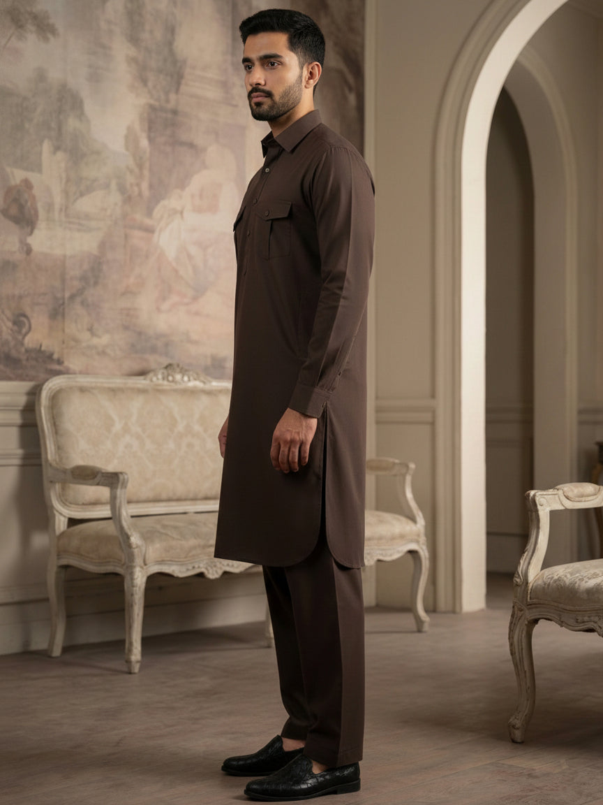 Men's Solid Pathani Kurta with Salwar ( JOKP 5212Coffee S ) [FF] [O-15-16]