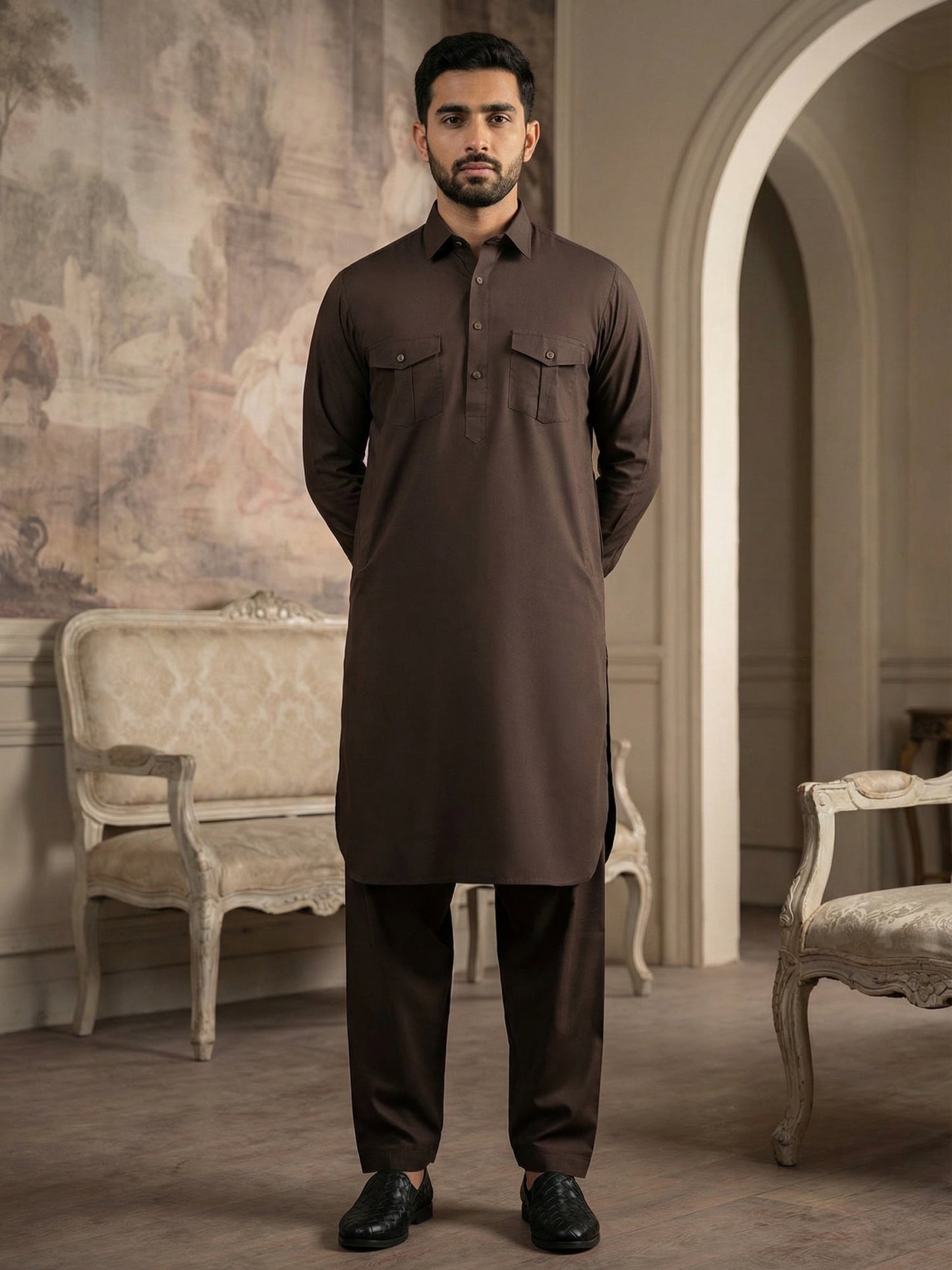 Men's Solid Pathani Kurta with Salwar ( JOKP 5212Coffee S ) [FF] [O-15-16]