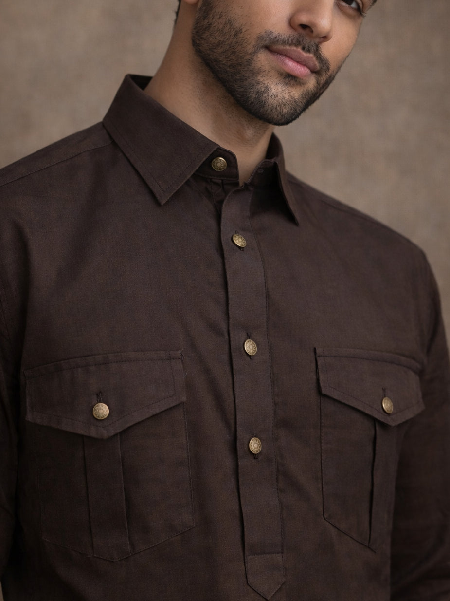 Men's Solid Pathani Kurta with Salwar ( JOKP 5212Coffee S ) [FF] [O-15-16]