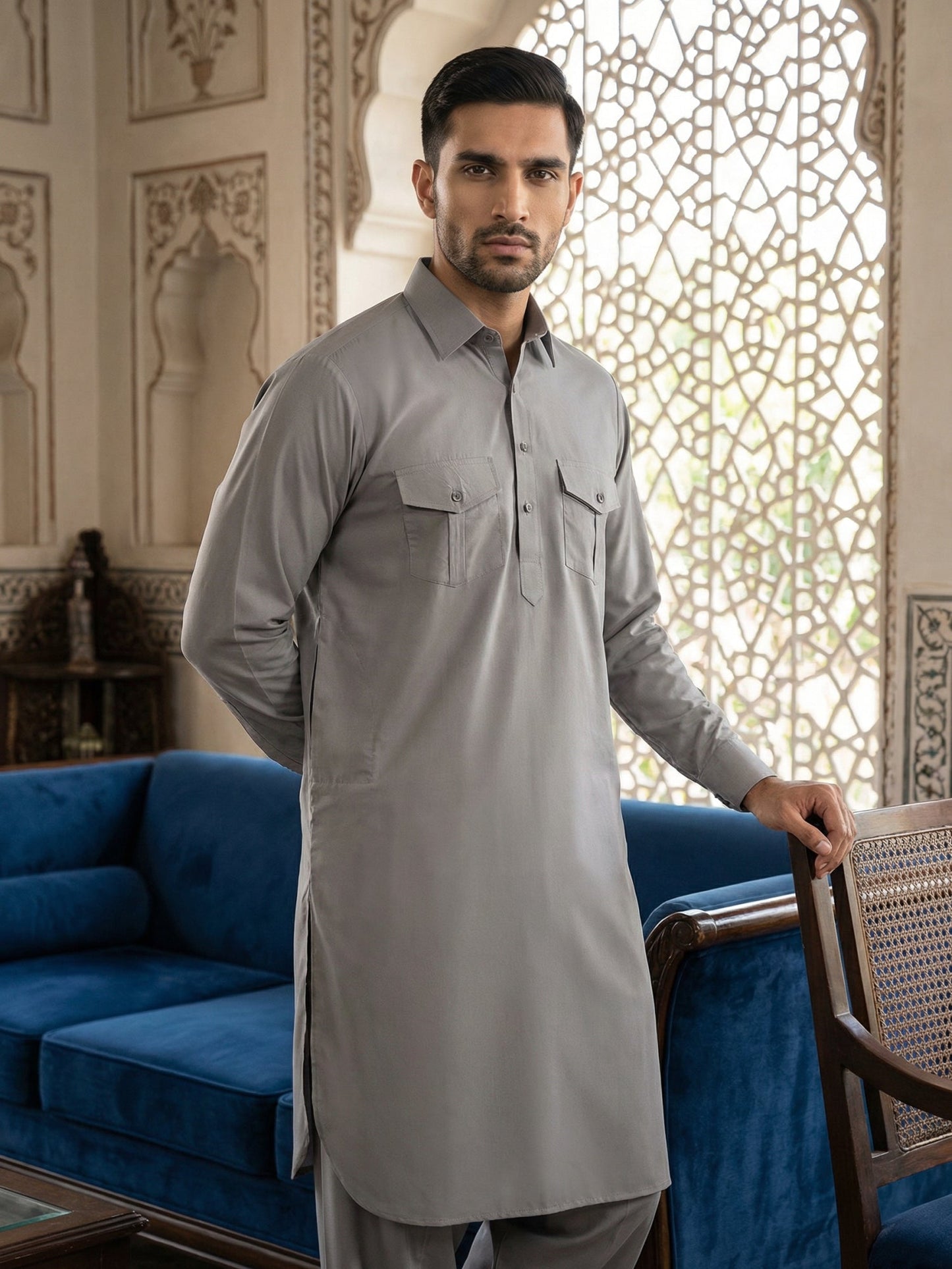Men's Solid Pathani Kurta with Salwar ( JOKP 5212Grey ) [FF] [O-15-16]
